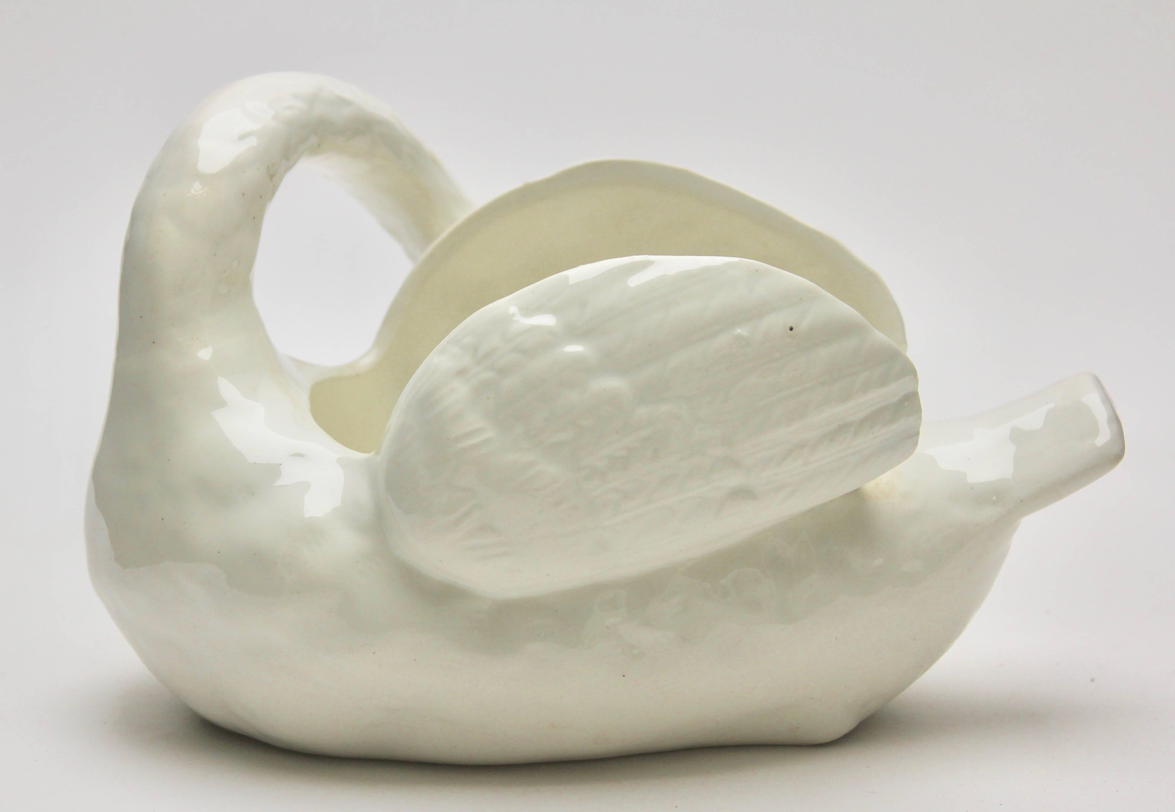 Glazed Majolica Set of White Swans Jardinière Stamped Imperiale Nimy Belgium circa 1900