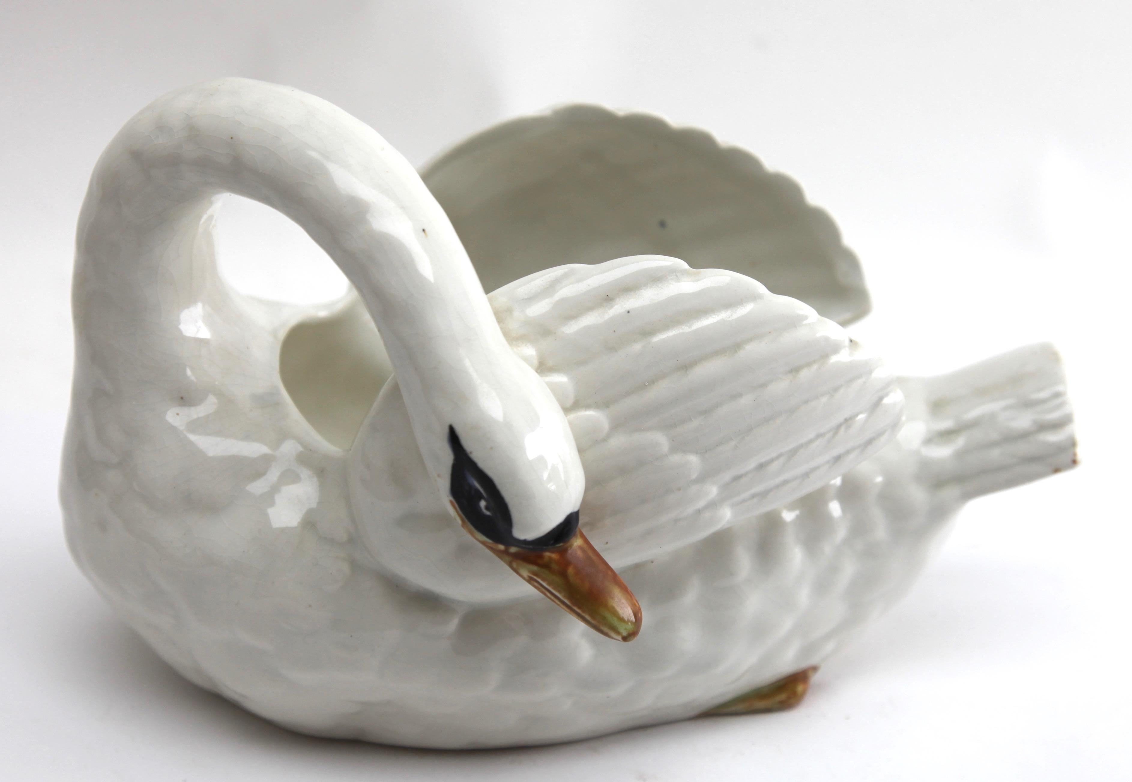 Early 20th Century Majolica Set of White Swans Jardinière Stamped Imperiale Nimy Belgium circa 1900