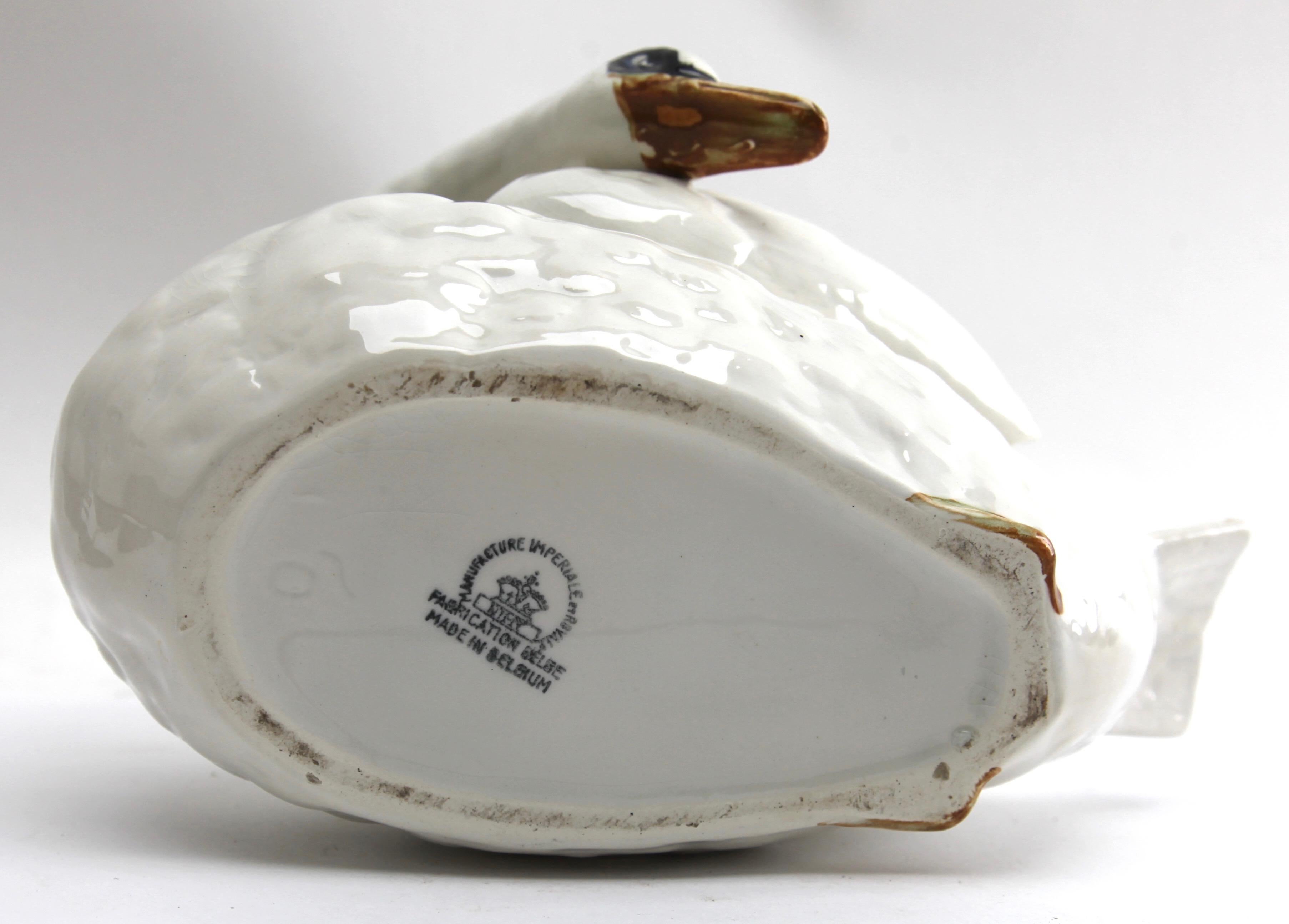 Early 20th Century Majolica Set of White Swans Jardinière Stamped Imperiale Nimy Belgium circa 1900