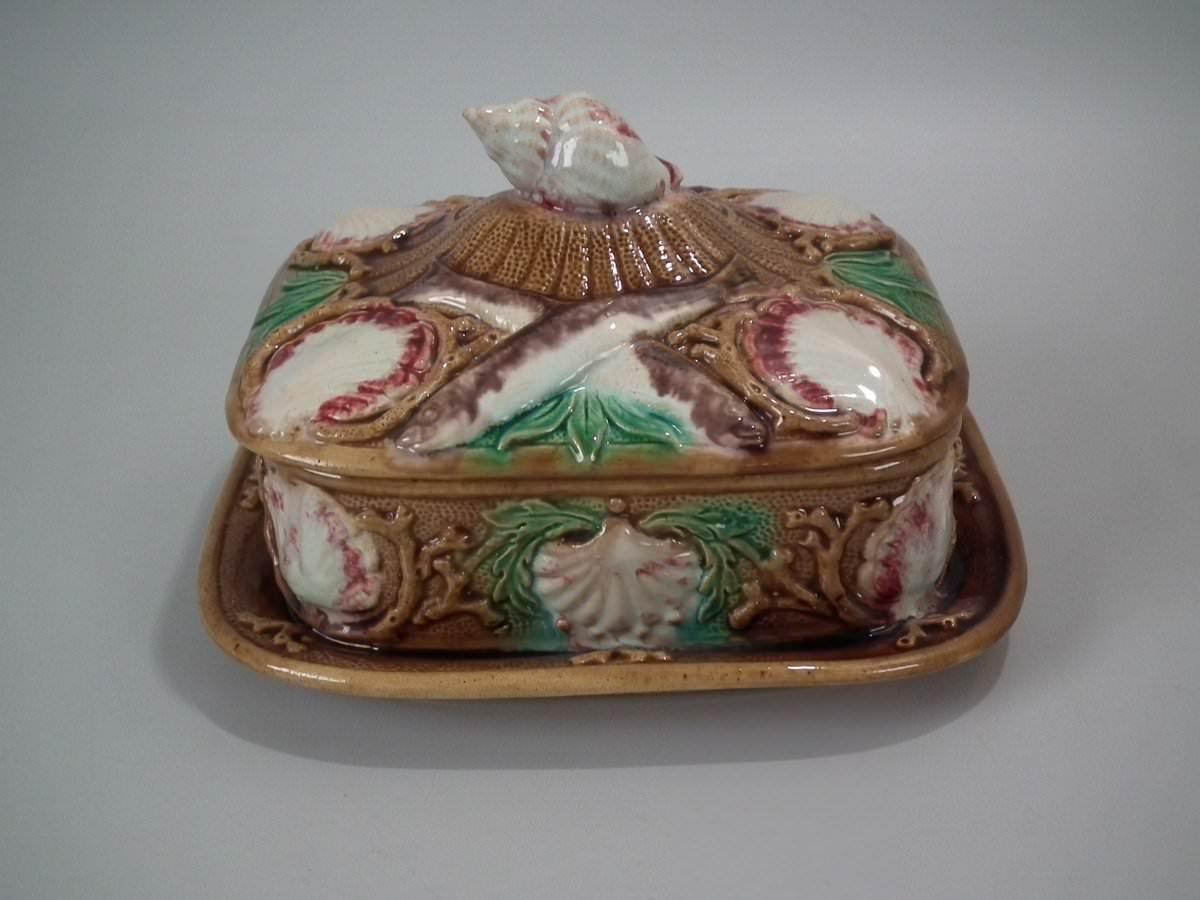 Late 19th Century Majolica Shell Sardine Dish And Cover