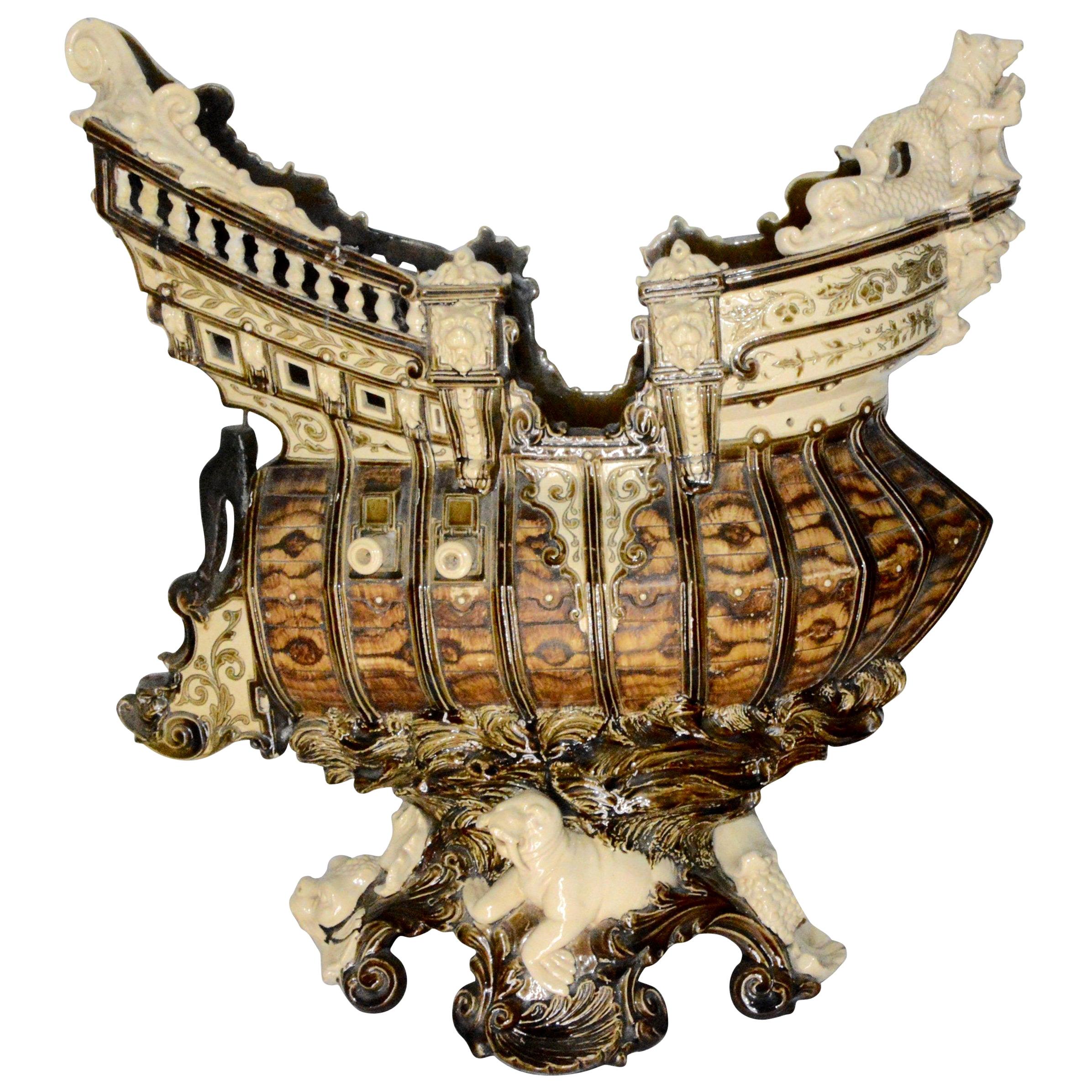 Majolica Ship Surrounded by Animals, Late 19th Century For Sale