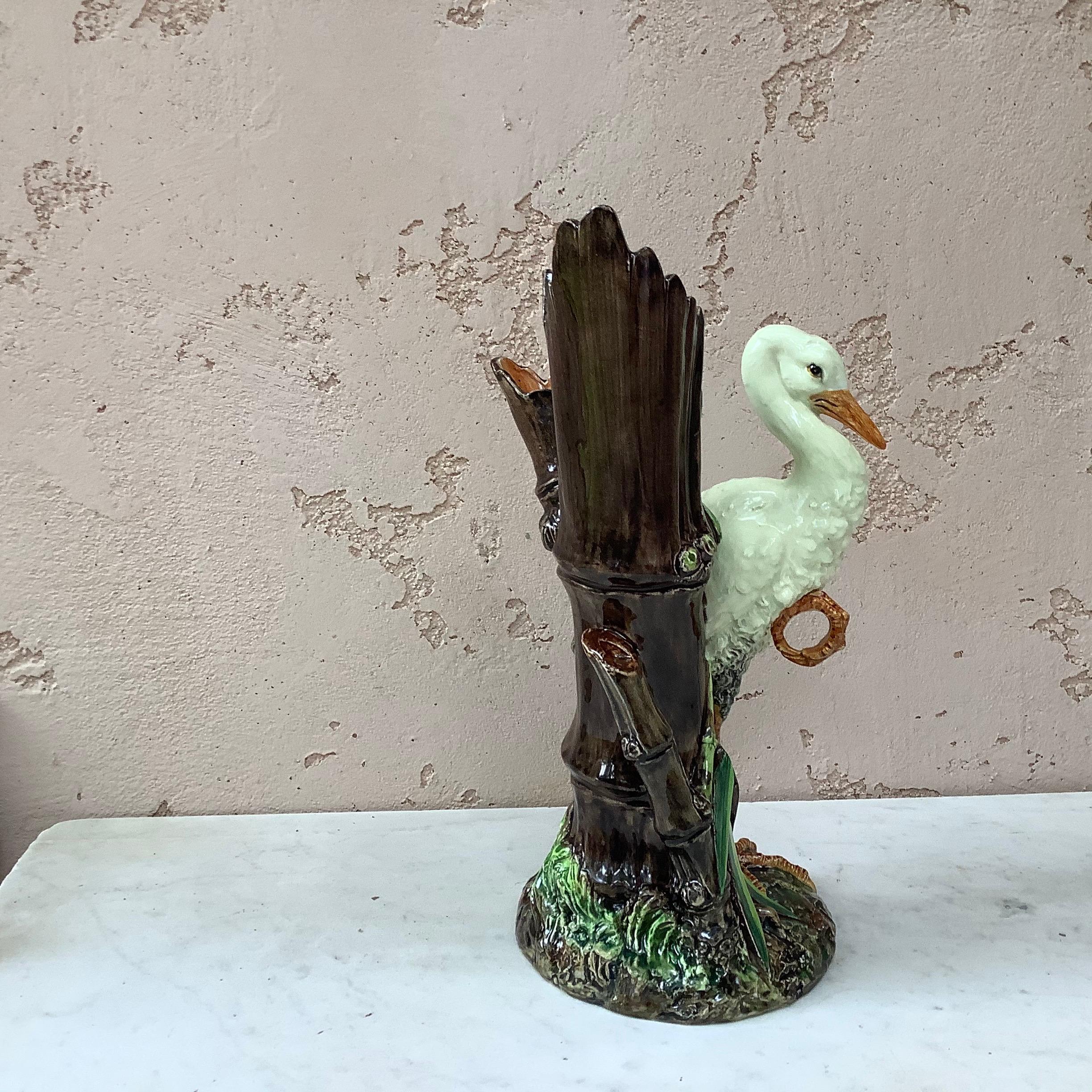 Majolica Stork Vase Delphin Massier, circa 1890 In Good Condition For Sale In Austin, TX