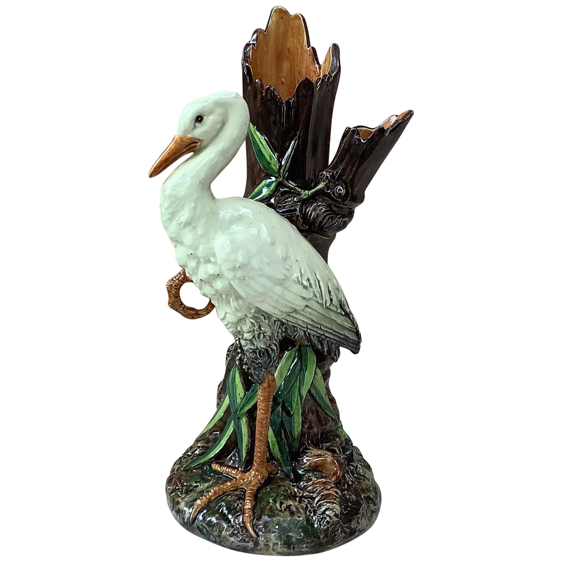 Majolica Stork Vase Delphin Massier, circa 1890 For Sale
