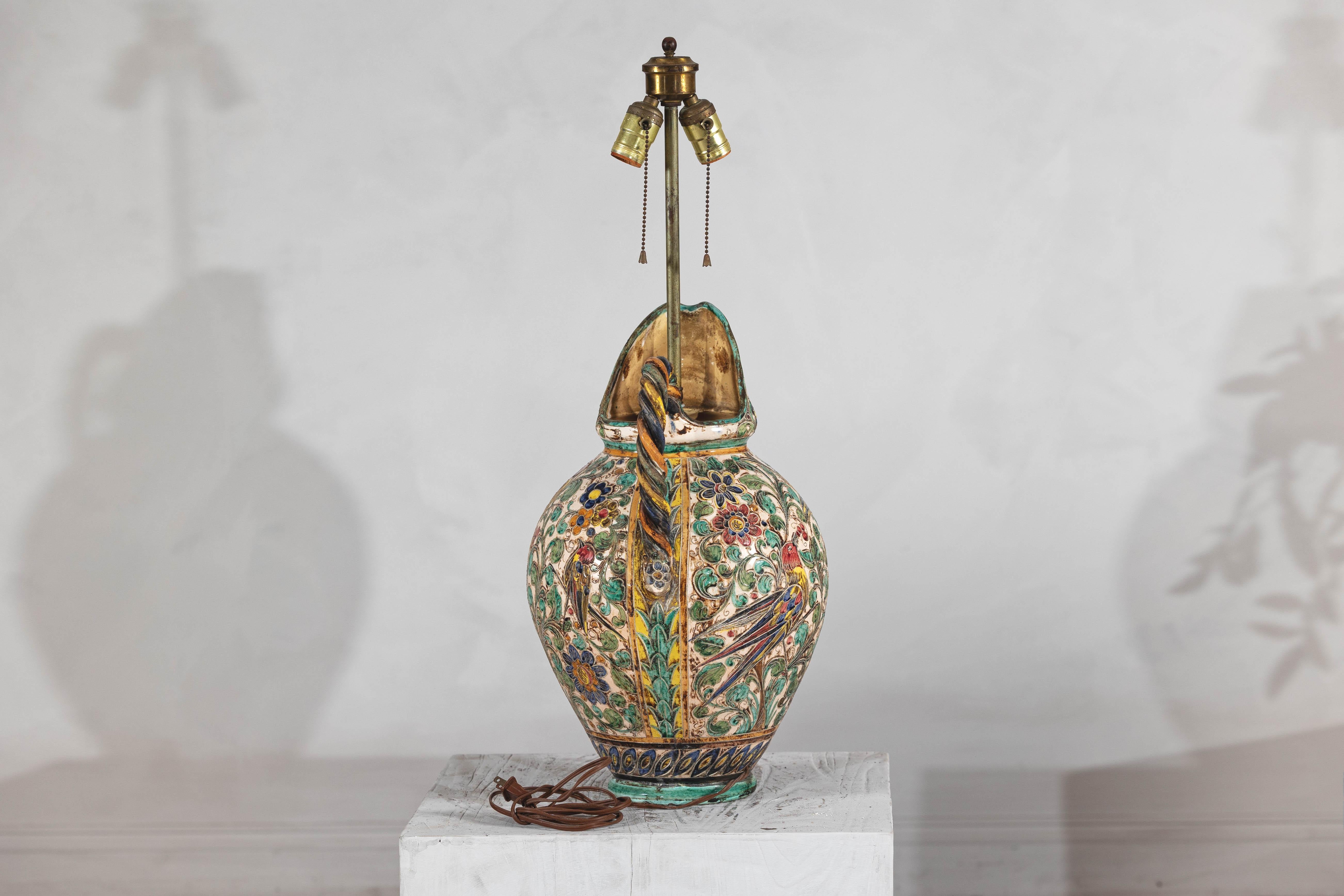Majolica-Style Mid-Century Ceramic Table Lamp with Birds and Floral Motifs For Sale 4