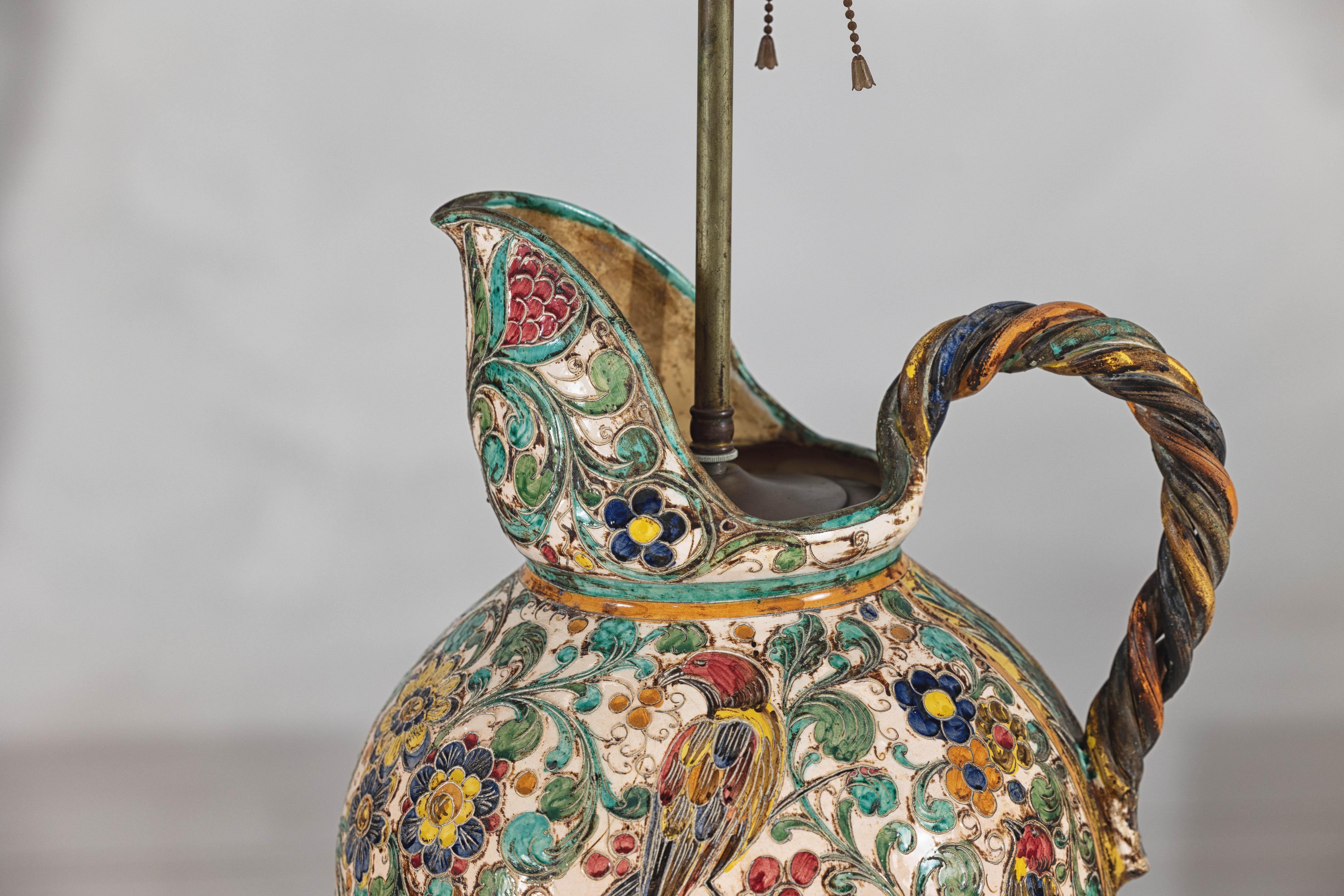 Majolica-Style Mid-Century Ceramic Table Lamp with Birds and Floral Motifs For Sale 5