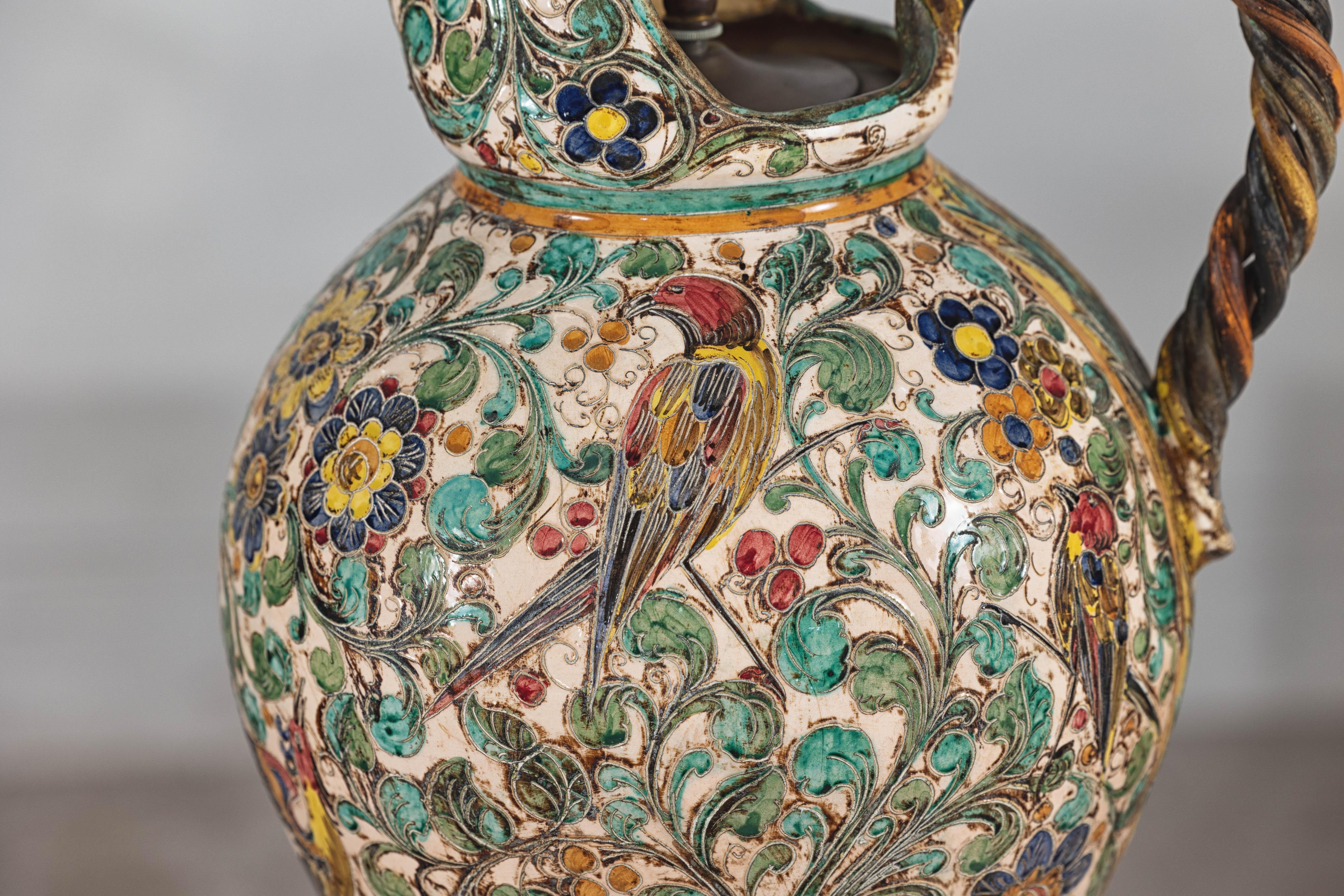 Majolica-Style Mid-Century Ceramic Table Lamp with Birds and Floral Motifs For Sale 6