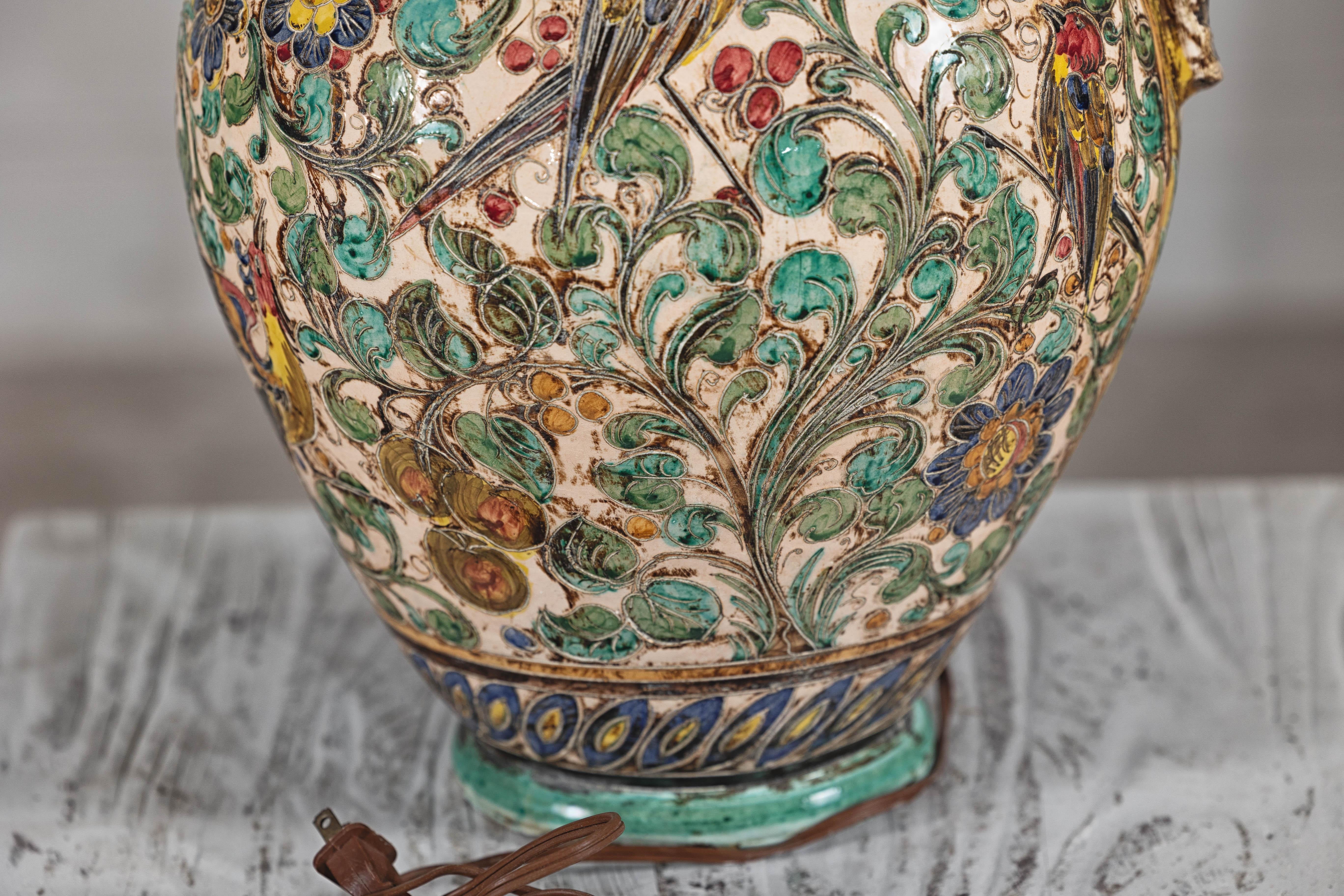 Majolica-Style Mid-Century Ceramic Table Lamp with Birds and Floral Motifs For Sale 7