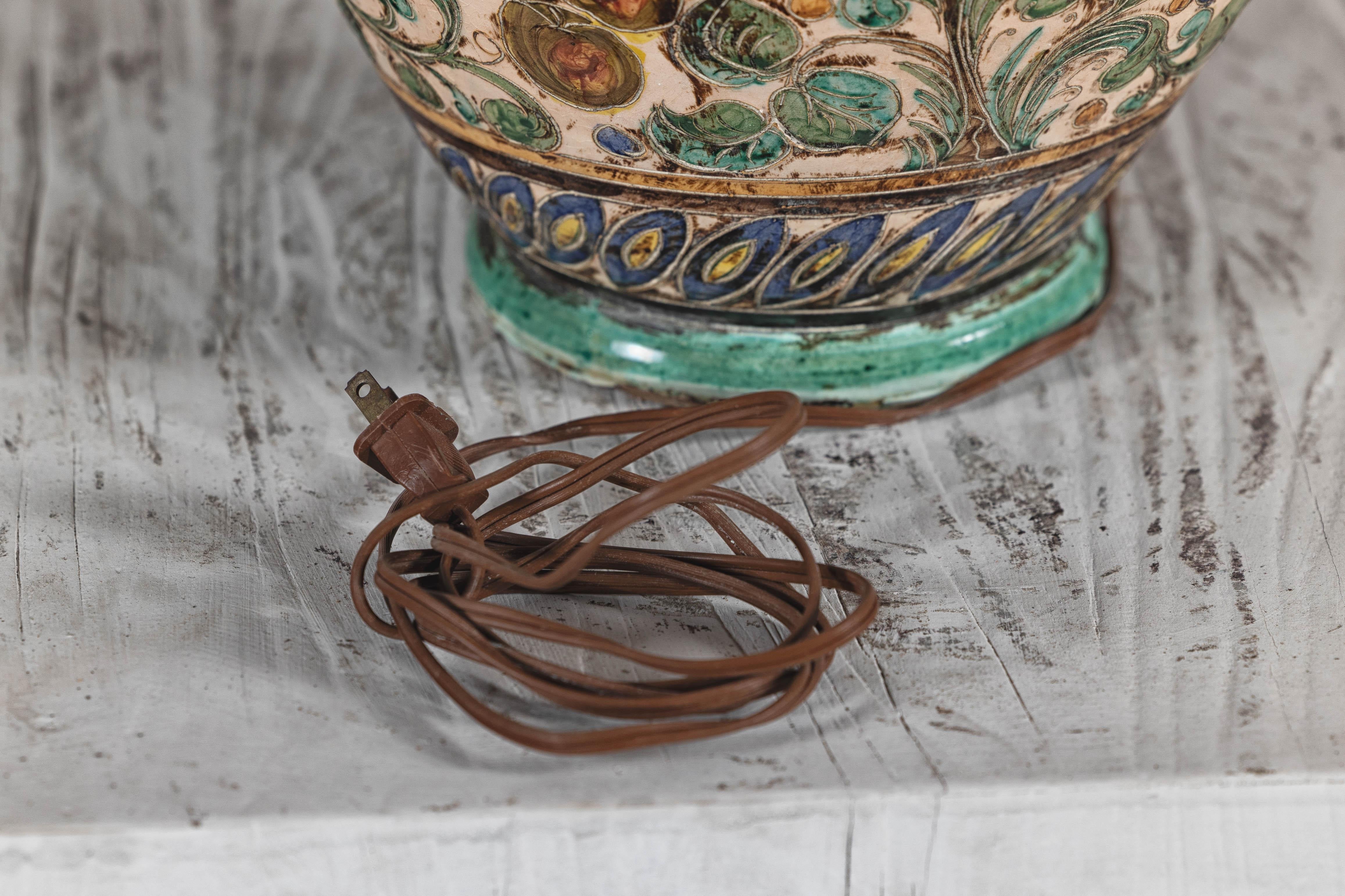 Majolica-Style Mid-Century Ceramic Table Lamp with Birds and Floral Motifs For Sale 9