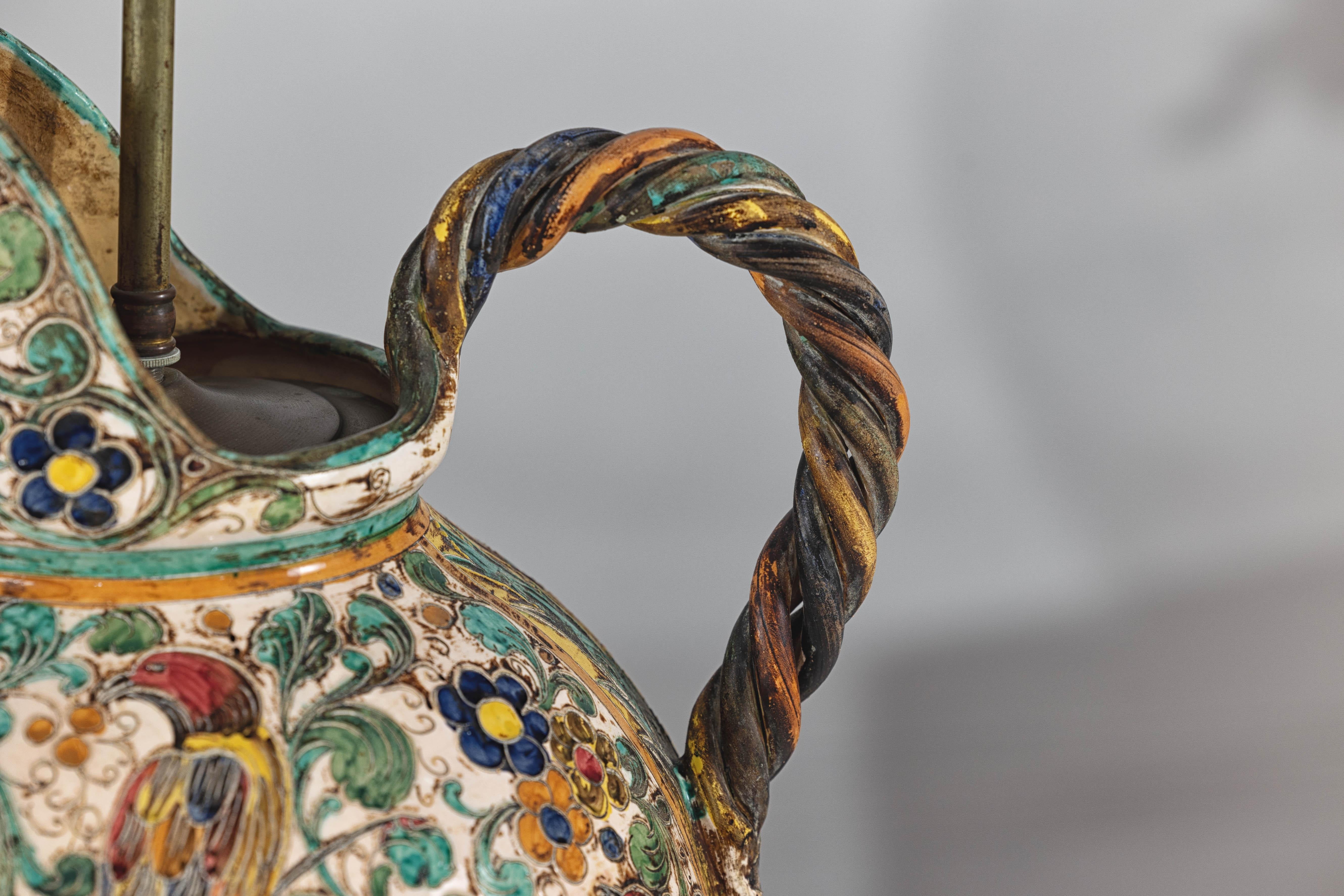 Majolica-Style Mid-Century Ceramic Table Lamp with Birds and Floral Motifs For Sale 10