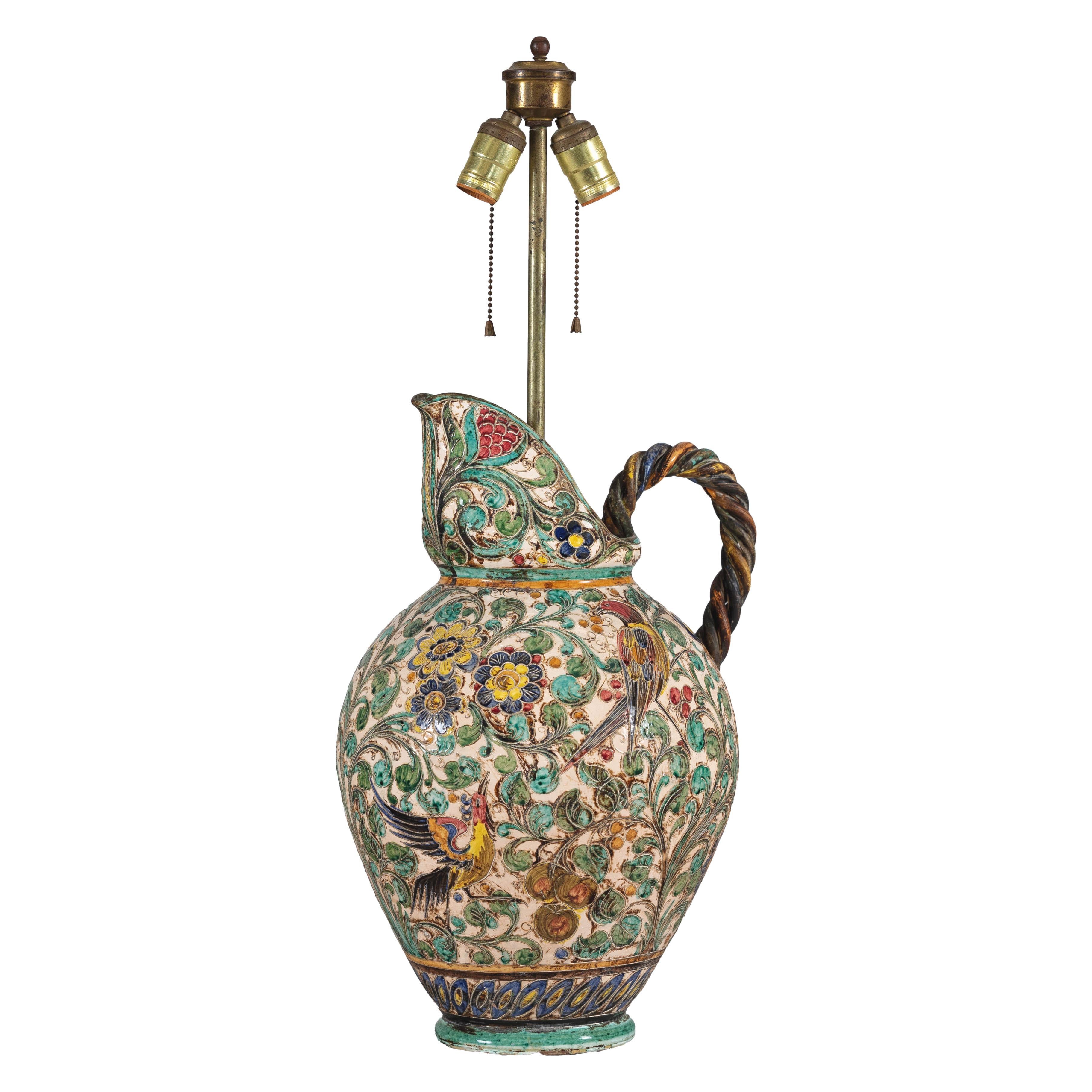 Majolica-Style Mid-Century Ceramic Table Lamp with Birds and Floral Motifs For Sale 11