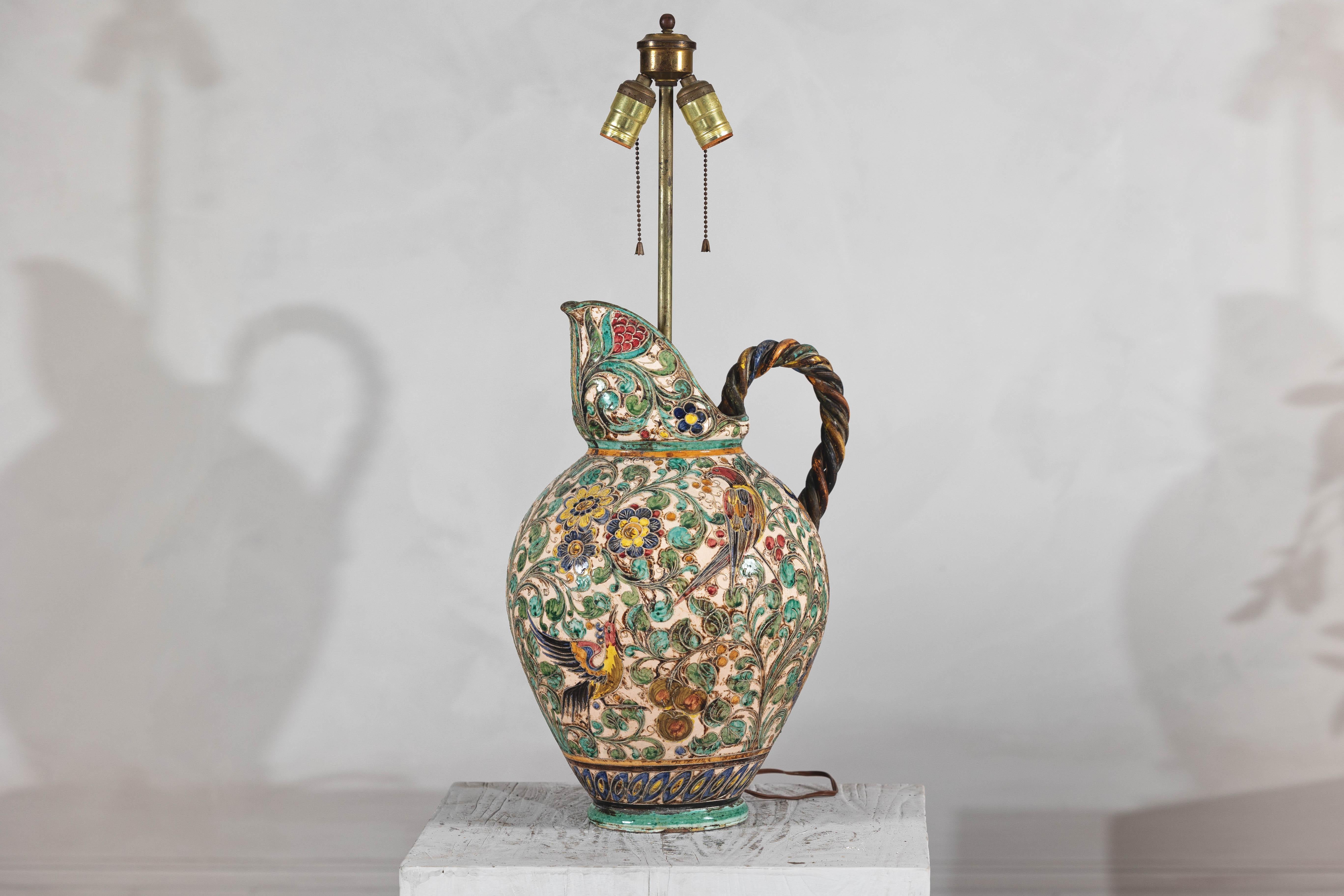 Glazed Majolica-Style Mid-Century Ceramic Table Lamp with Birds and Floral Motifs For Sale