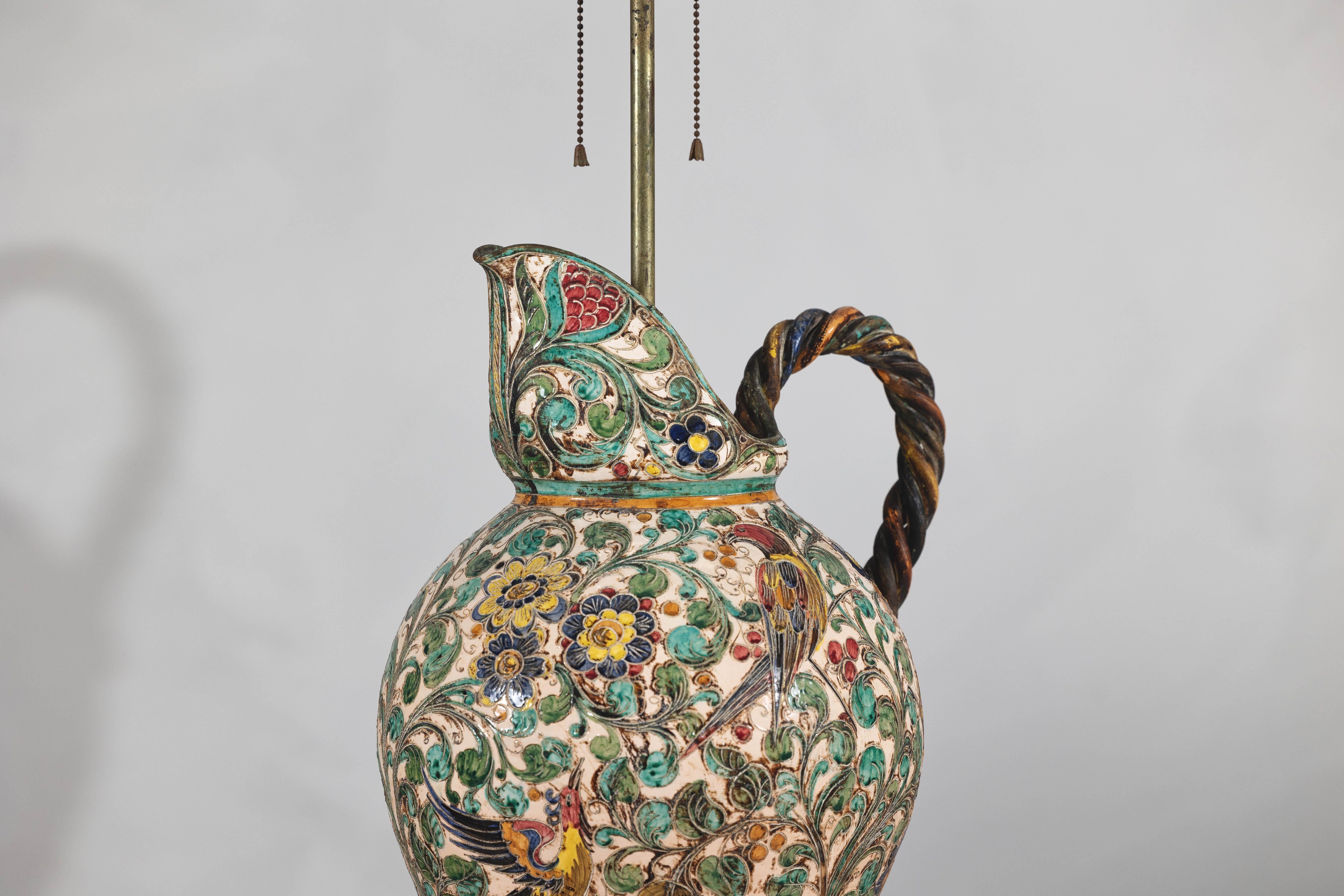20th Century Majolica-Style Mid-Century Ceramic Table Lamp with Birds and Floral Motifs For Sale