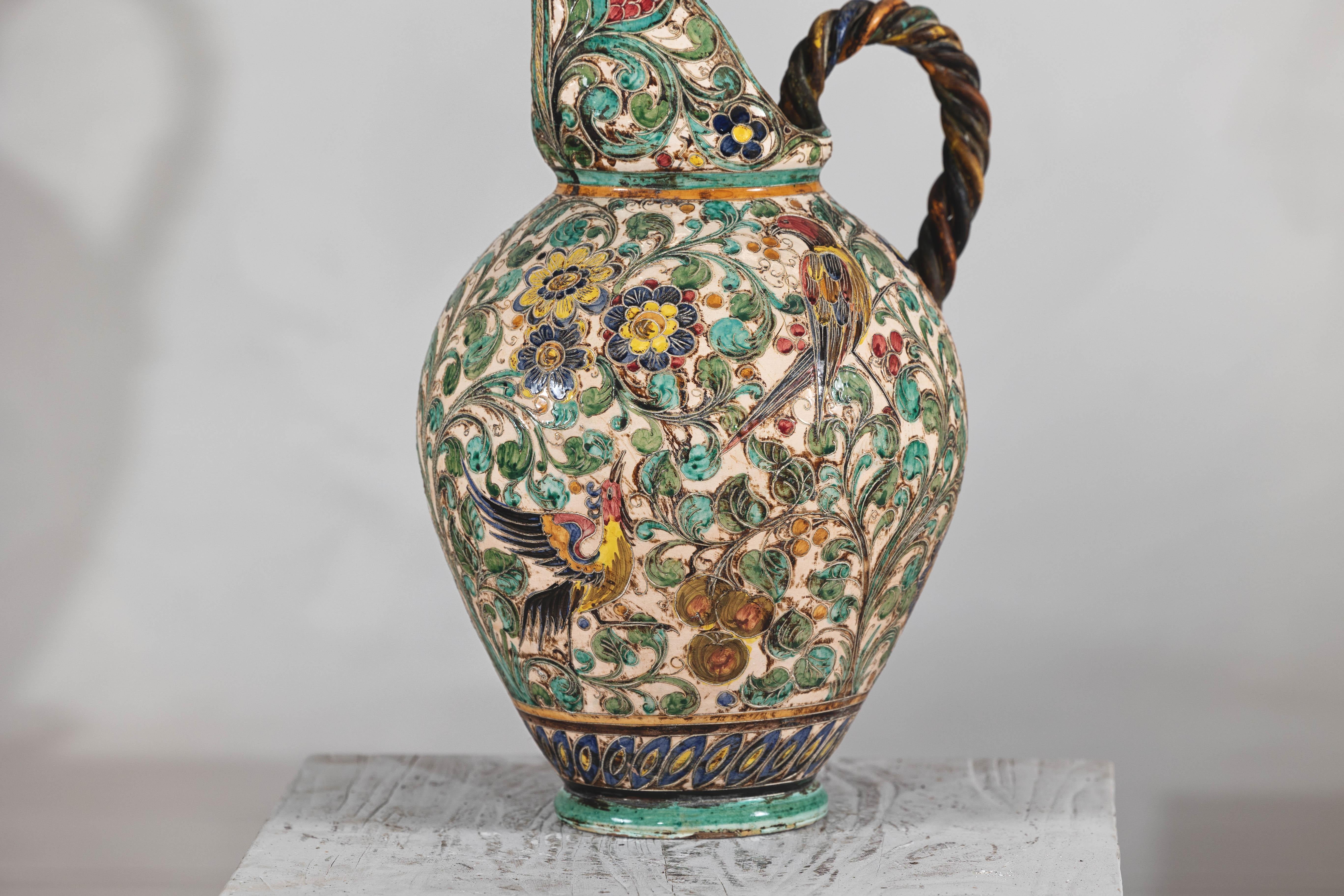 Metal Majolica-Style Mid-Century Ceramic Table Lamp with Birds and Floral Motifs For Sale