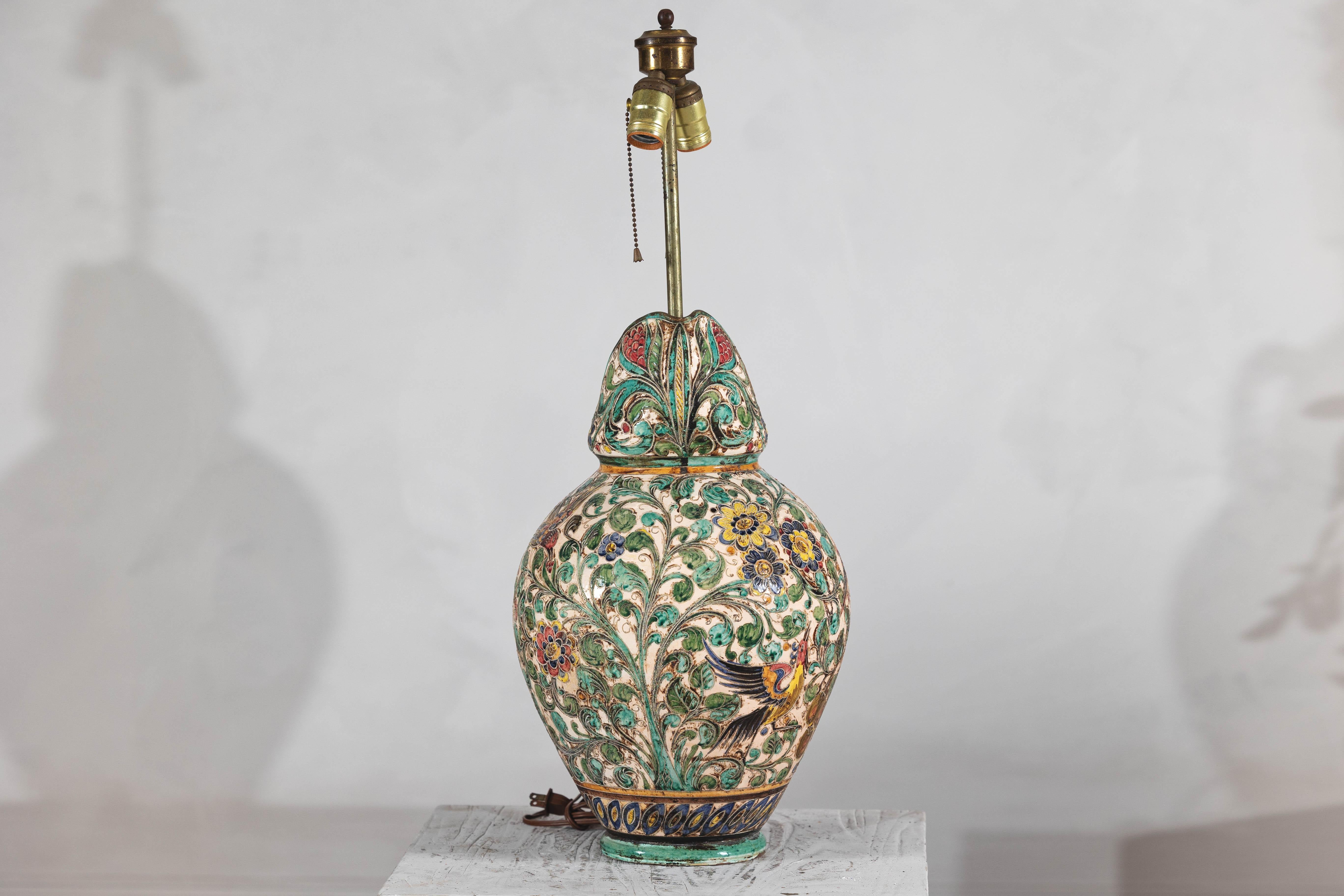 Majolica-Style Mid-Century Ceramic Table Lamp with Birds and Floral Motifs For Sale 2