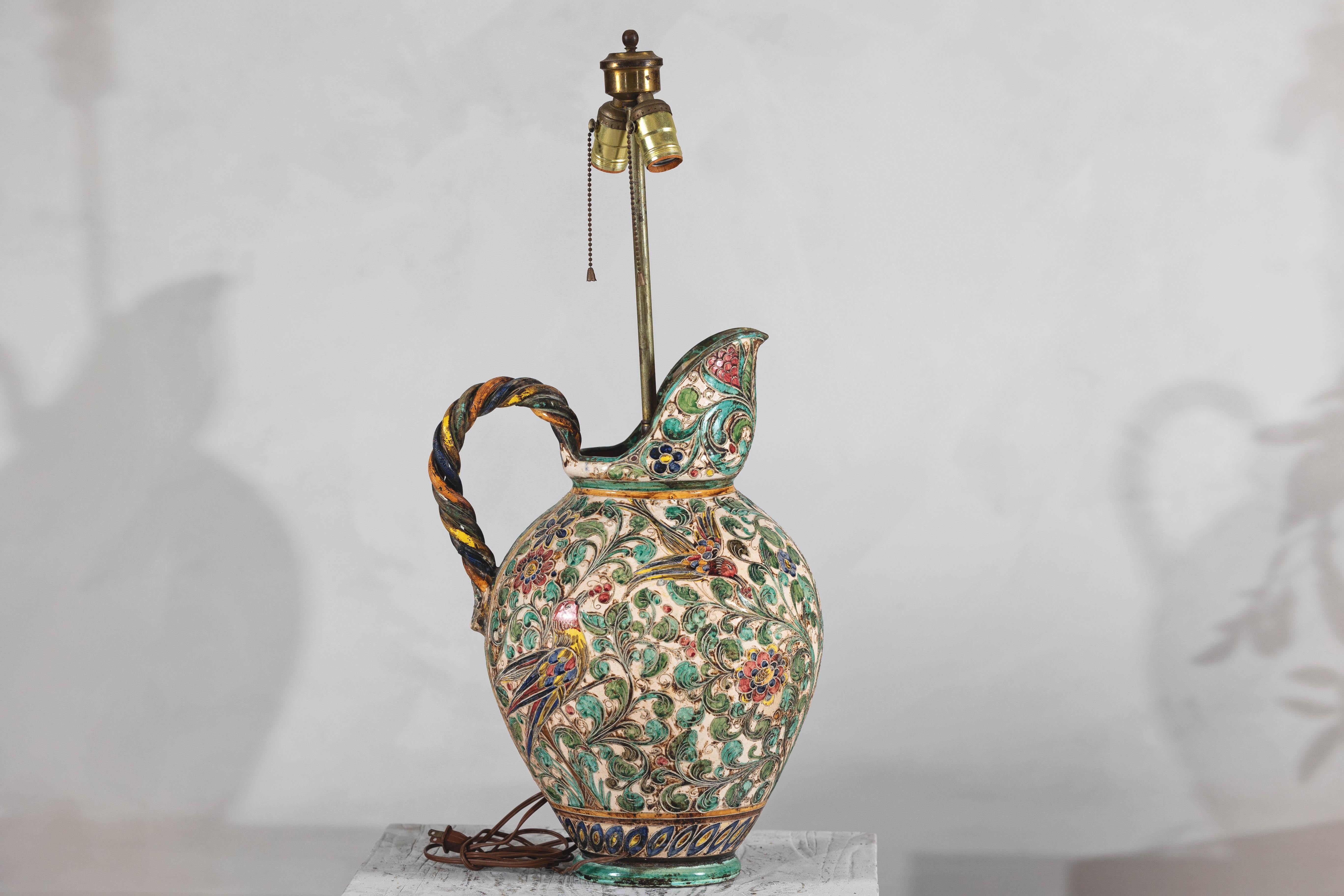 Majolica-Style Mid-Century Ceramic Table Lamp with Birds and Floral Motifs For Sale 3