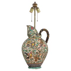 Lampe de table en céramique de style majolique du milieu du siècle dernier, avec oiseaux et motifs floraux
