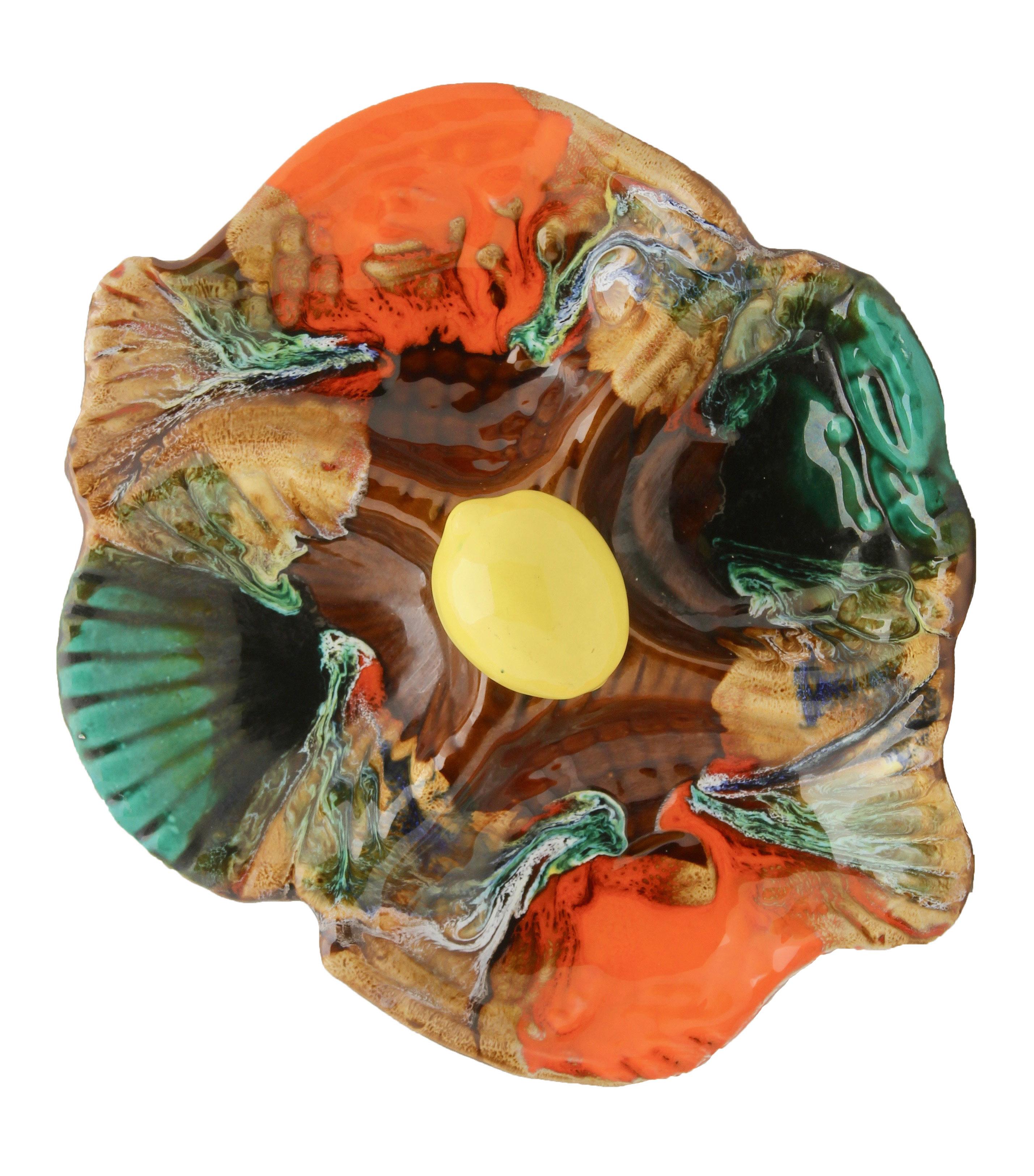 Mid-Century Modern Majolica Style Set of Fish and Oyster Plates, by Vallauris with Drip Glazes For Sale