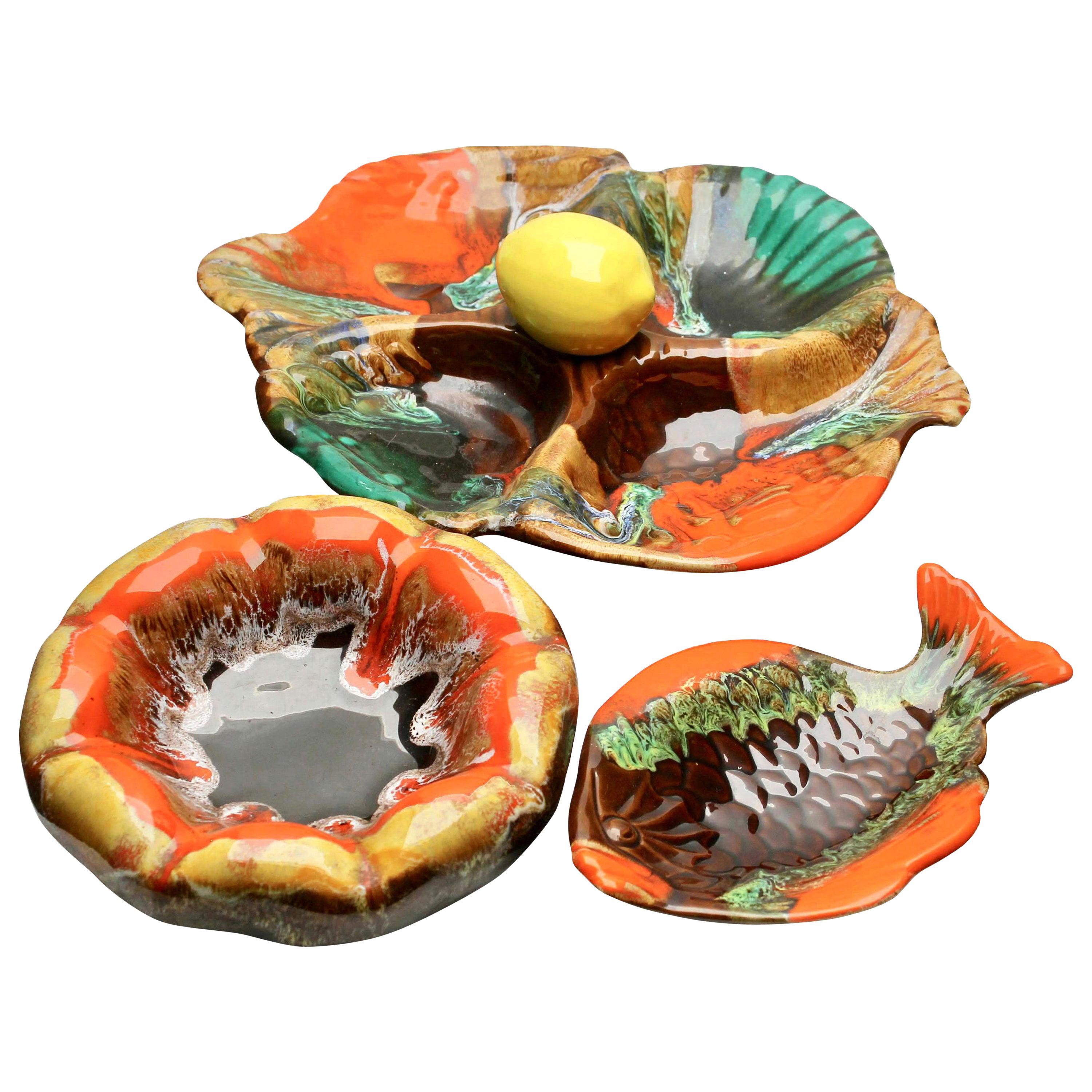 Majolica Style Set of Fish and Oyster Plates, by Vallauris with Drip Glazes