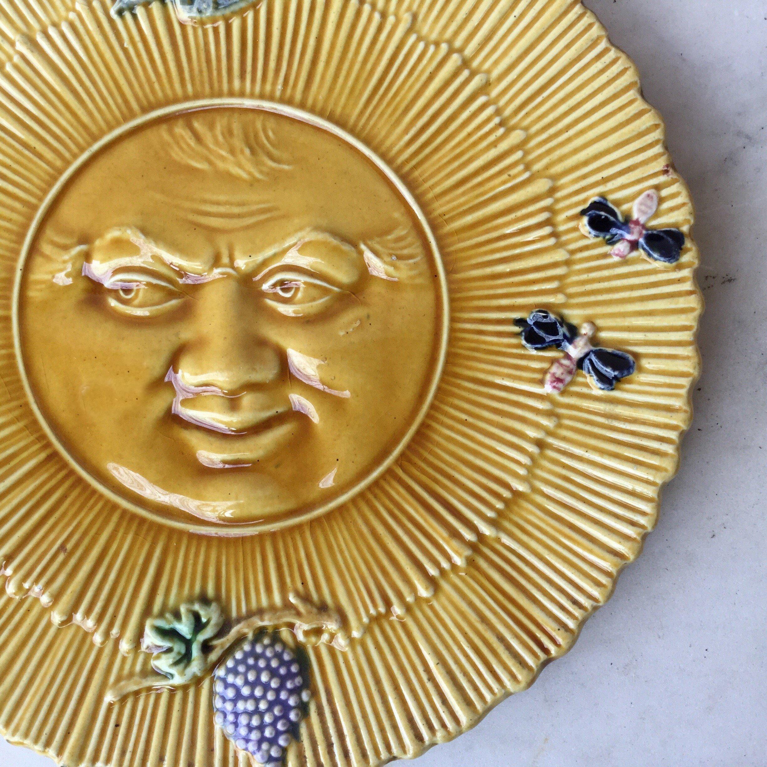 Unusual French yellow Majolica sun plate with a bird, a butterfly, insects and grapes, circa 1880.
 