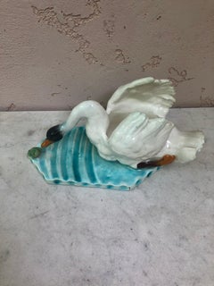 Majolica Swan & Frog Jardiniere Gaziello Vallauris Circa 1920