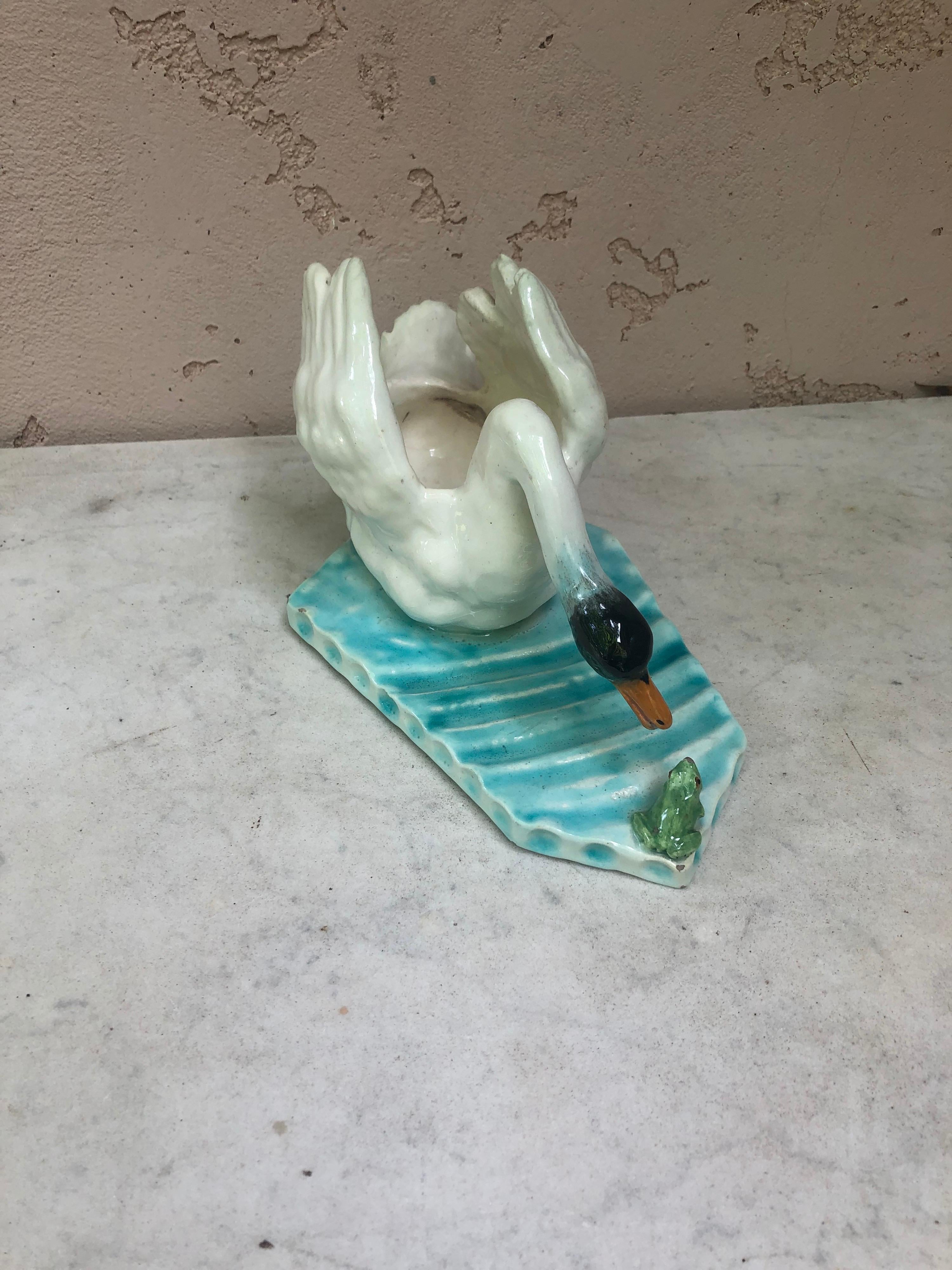 Majolica Swan & Frog Jardiniere Gaziello Vallauris Circa 1920 In Good Condition In Austin, TX