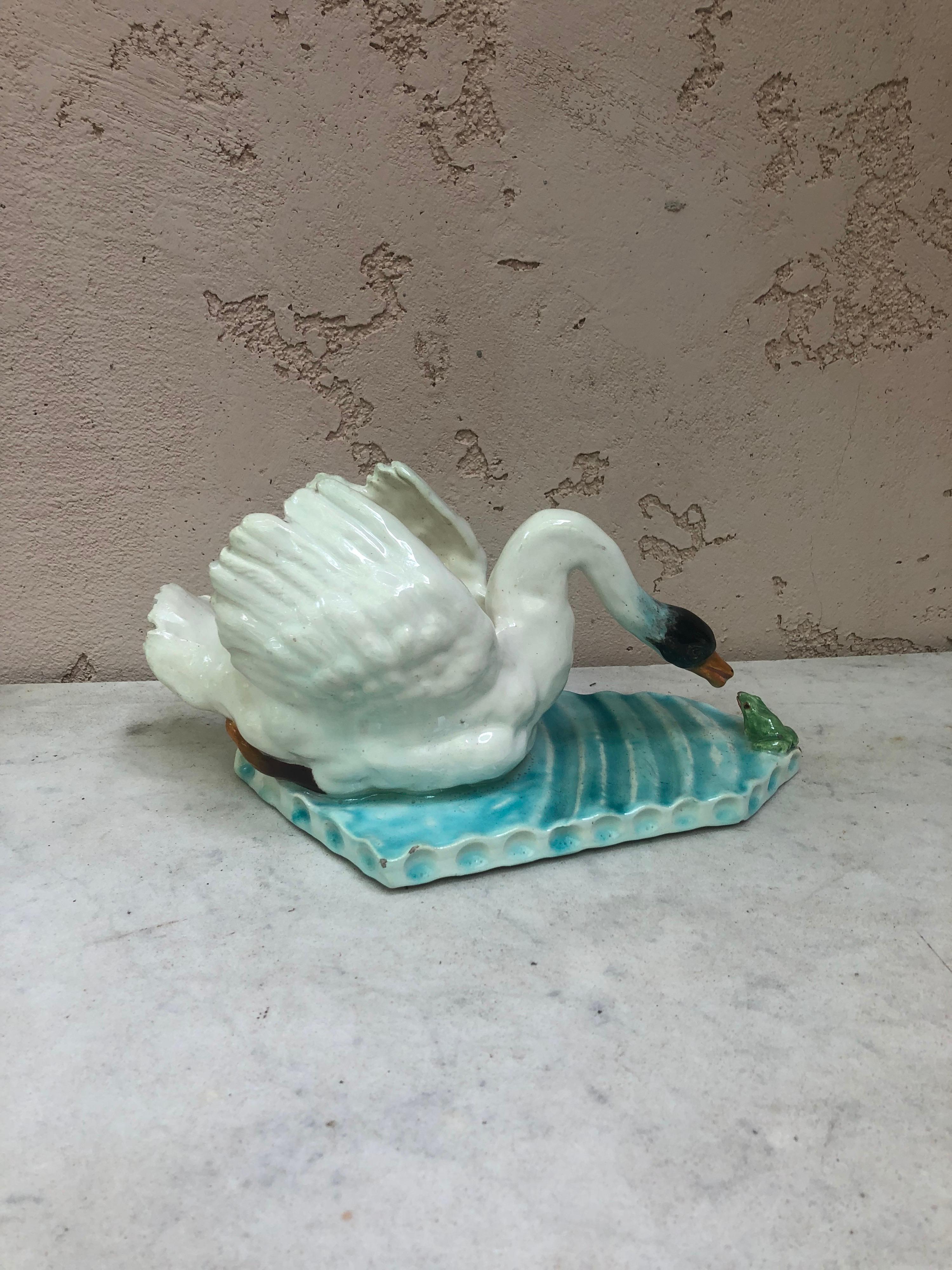 Early 20th Century Majolica Swan & Frog Jardiniere Gaziello Vallauris Circa 1920