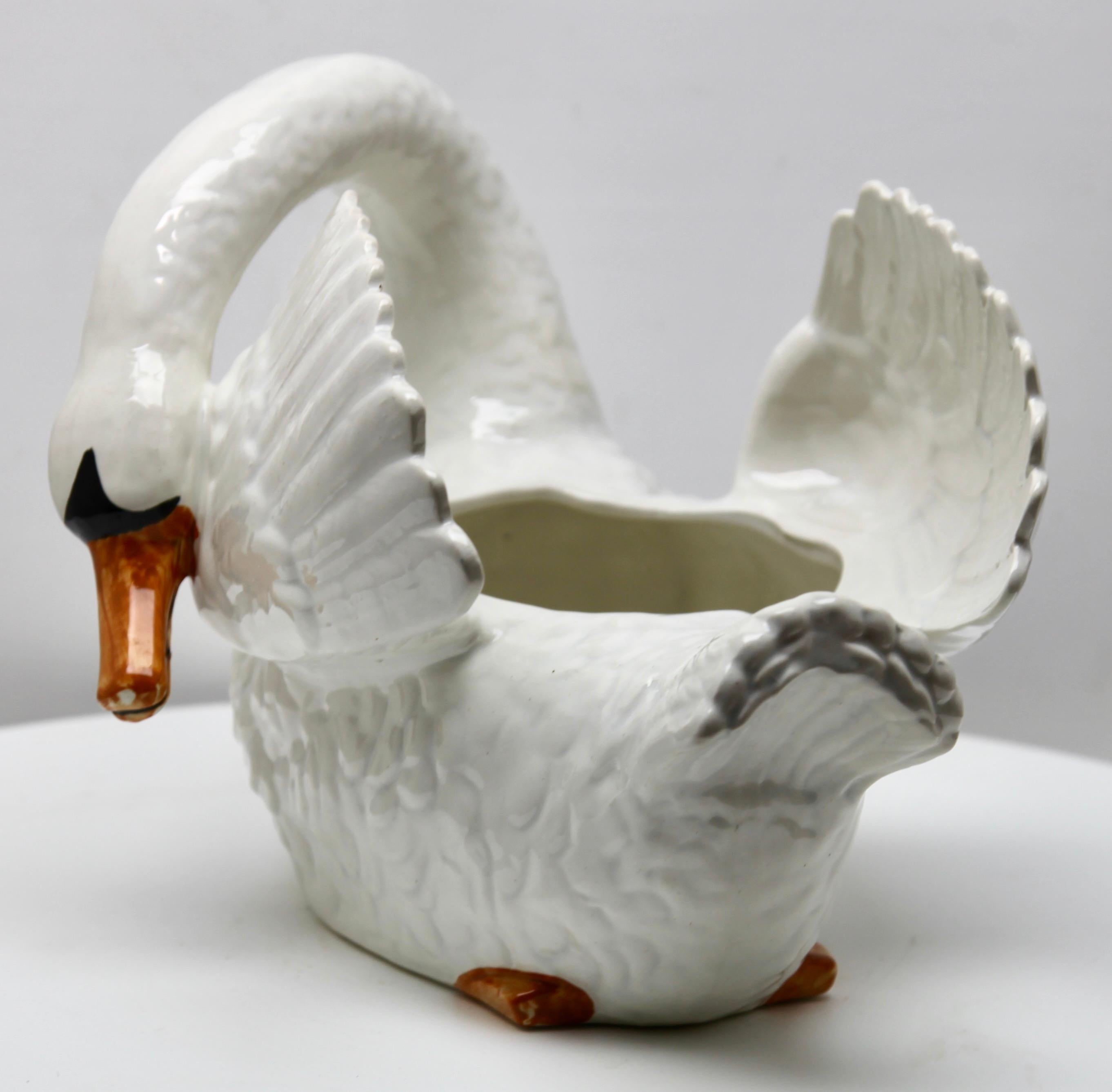 Glazed Majolica Swan Jardinière Planter Stamped Imperiale Nimy, Belgium, circa 1900