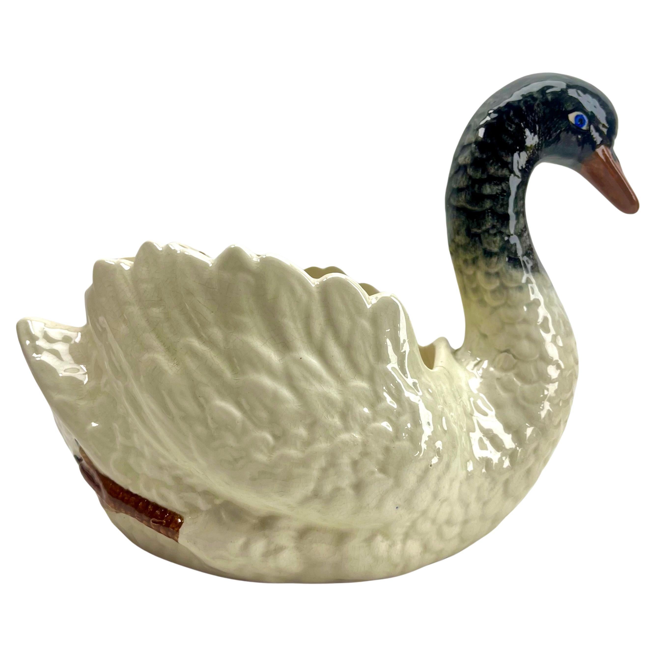 Art Nouveau Majolica Swan Jardinière Planter Style of Imperiale Nimy, Belgium 1900s For Sale