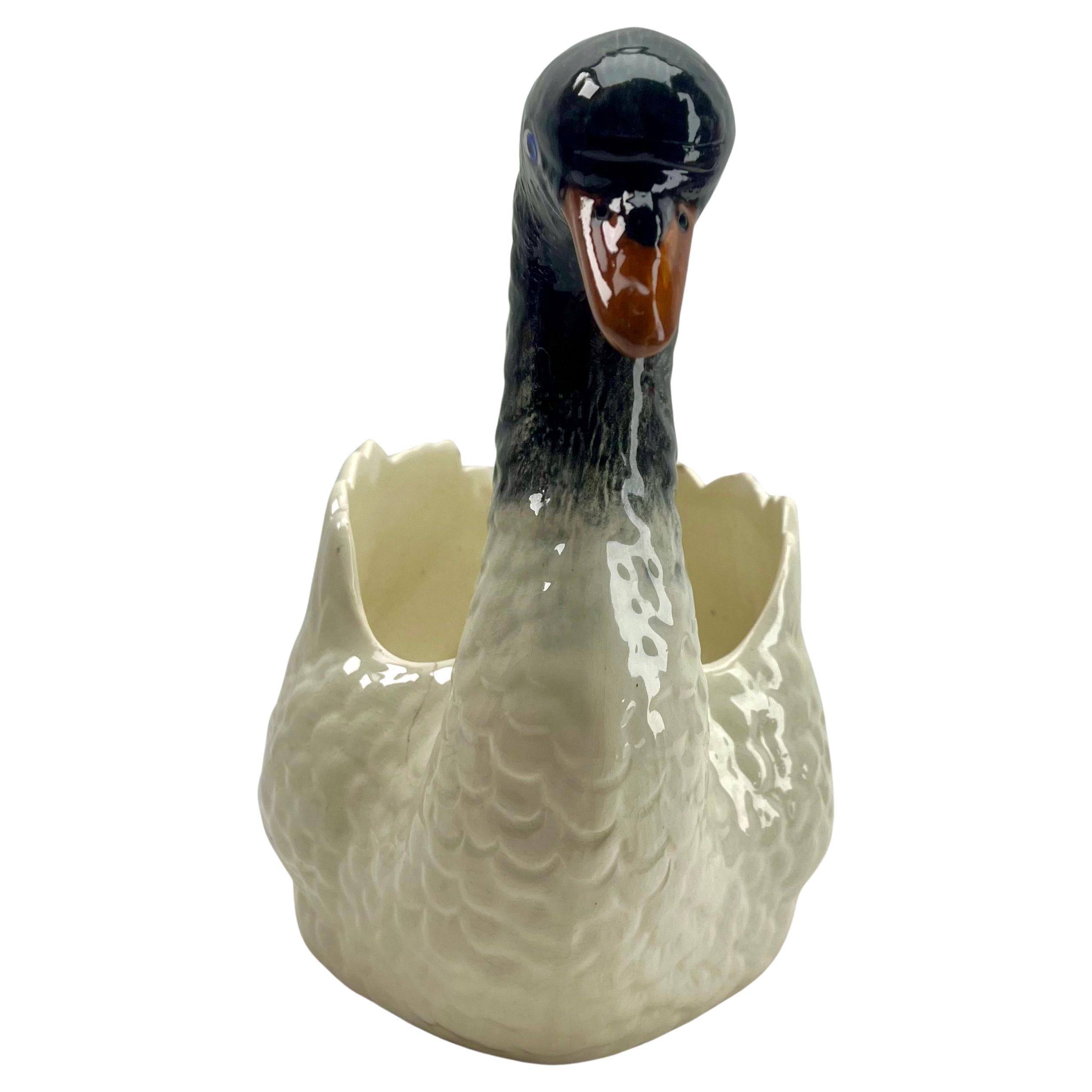 Early 20th Century Majolica Swan Jardinière Planter Style of Imperiale Nimy, Belgium 1900s For Sale