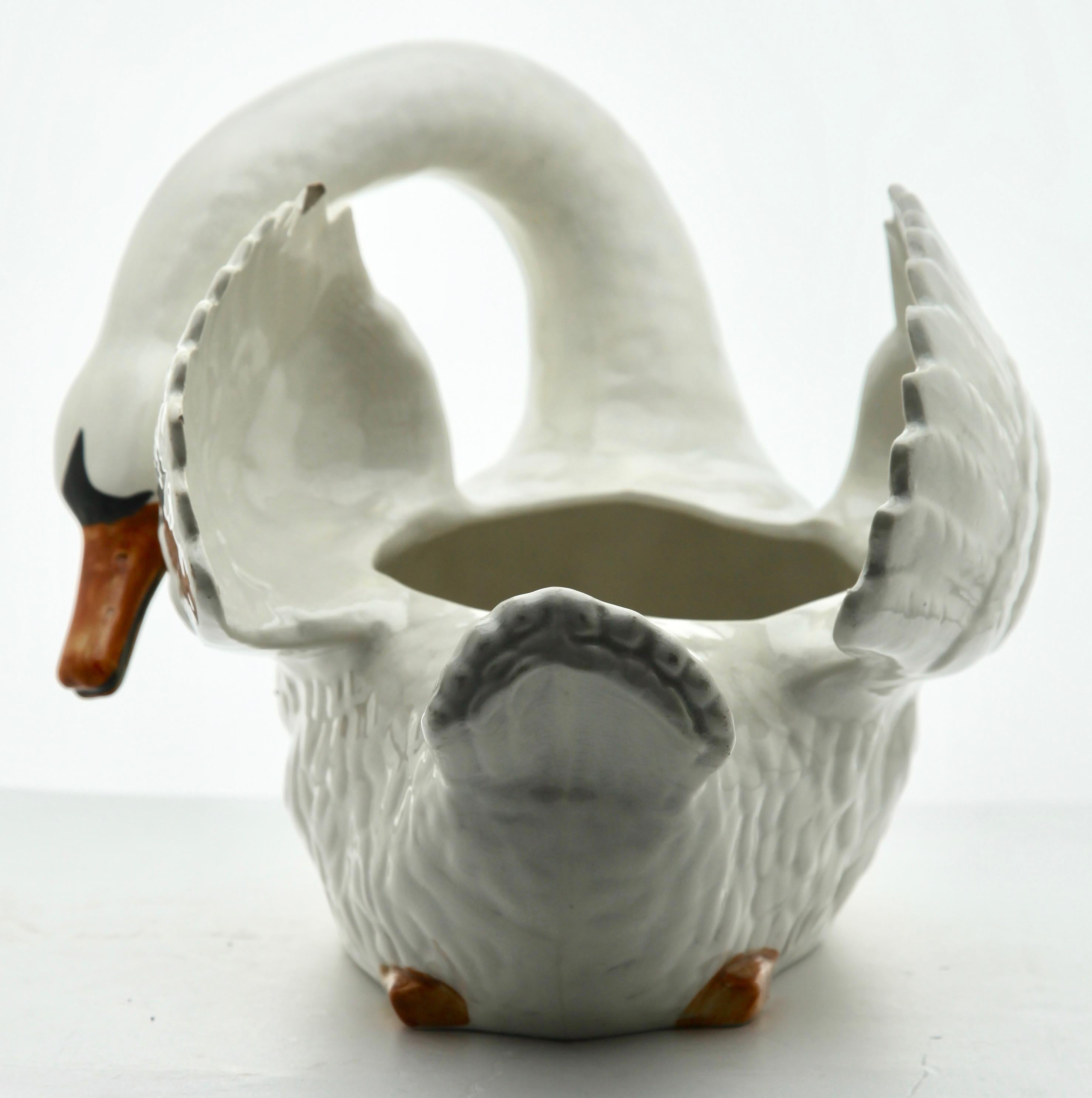 Belgian Majolica Swan Jardinière Stamped Imperiale Nimy, Belgium, circa 1900