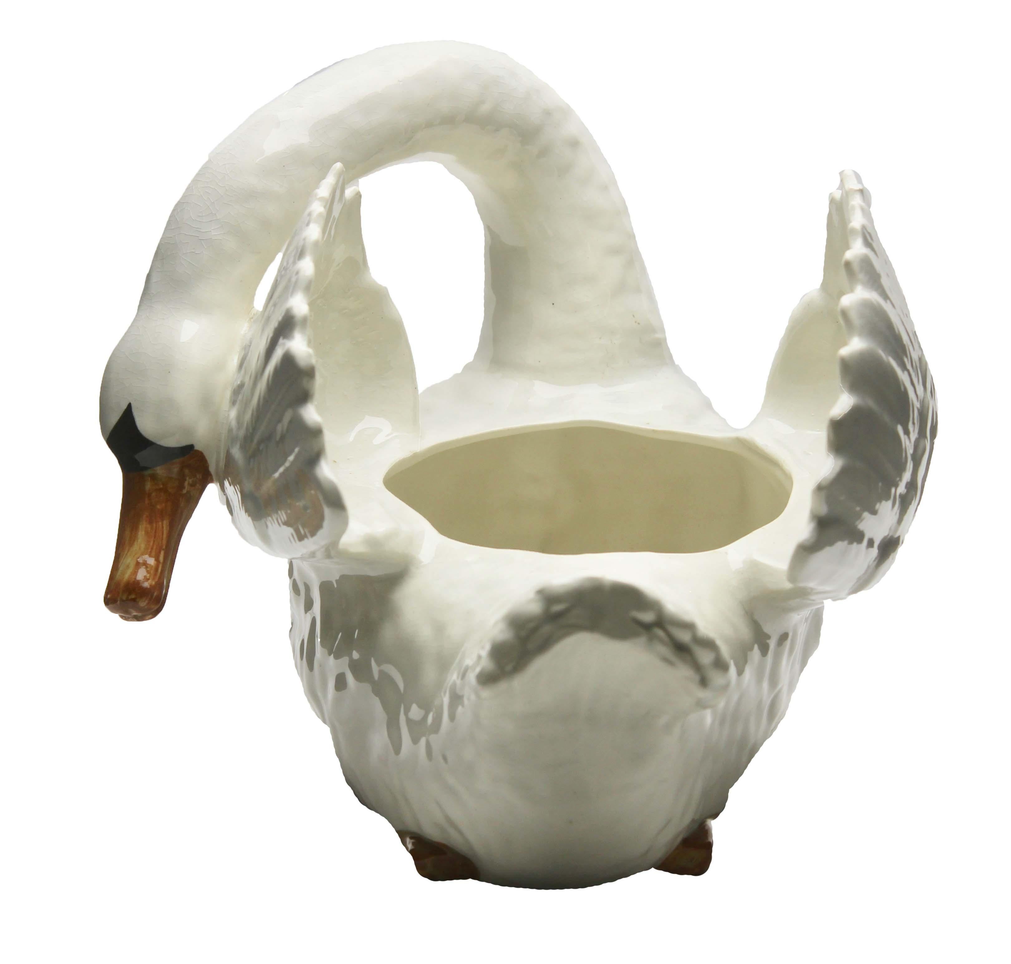 Glazed Majolica Swan Jardinière Stamped Imperiale Nimy, Belgium, circa 1900