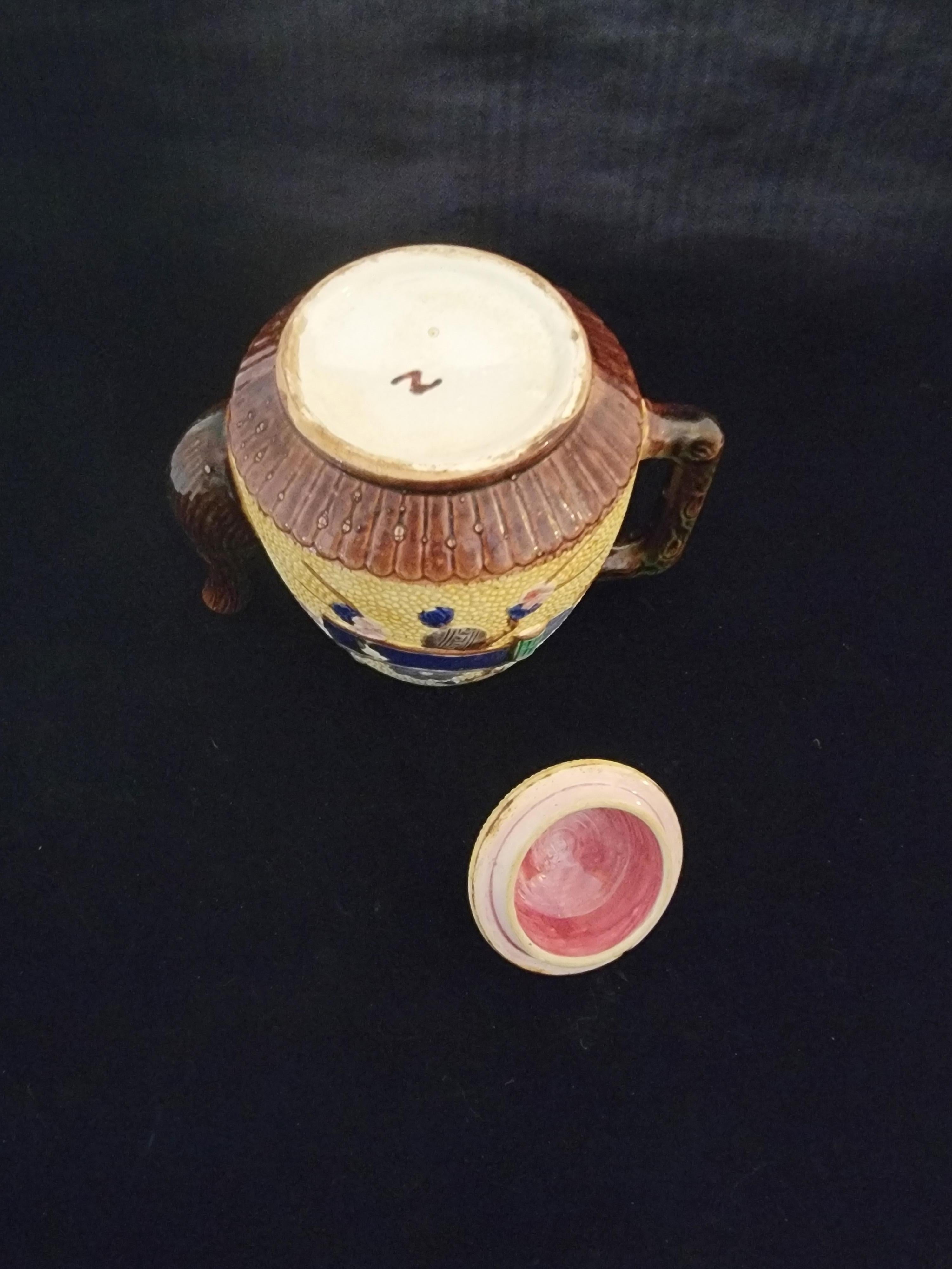 English Majolica Tea/Coffee Pot Ribbon and Cherry Blossom Design For Sale