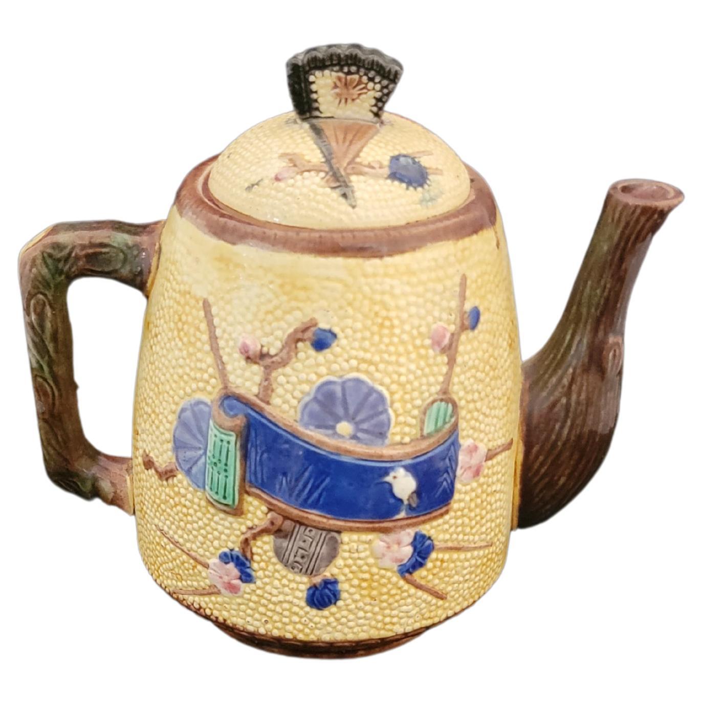 Majolica Tea/Coffee Pot Ribbon and Cherry Blossom Design For Sale