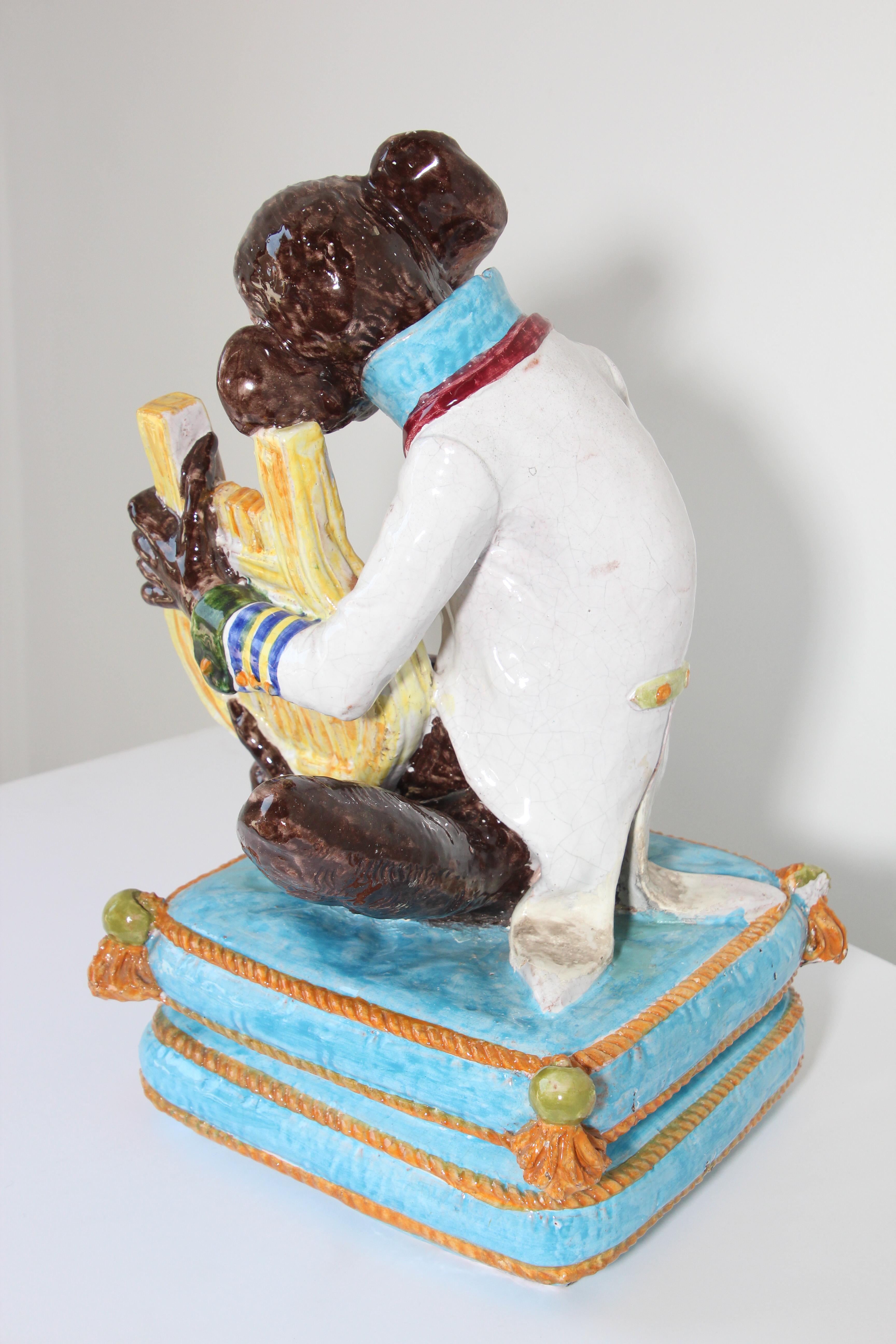 Majolica Terra Cotta Large Figure of a Monkey Playing the Harp For Sale 3