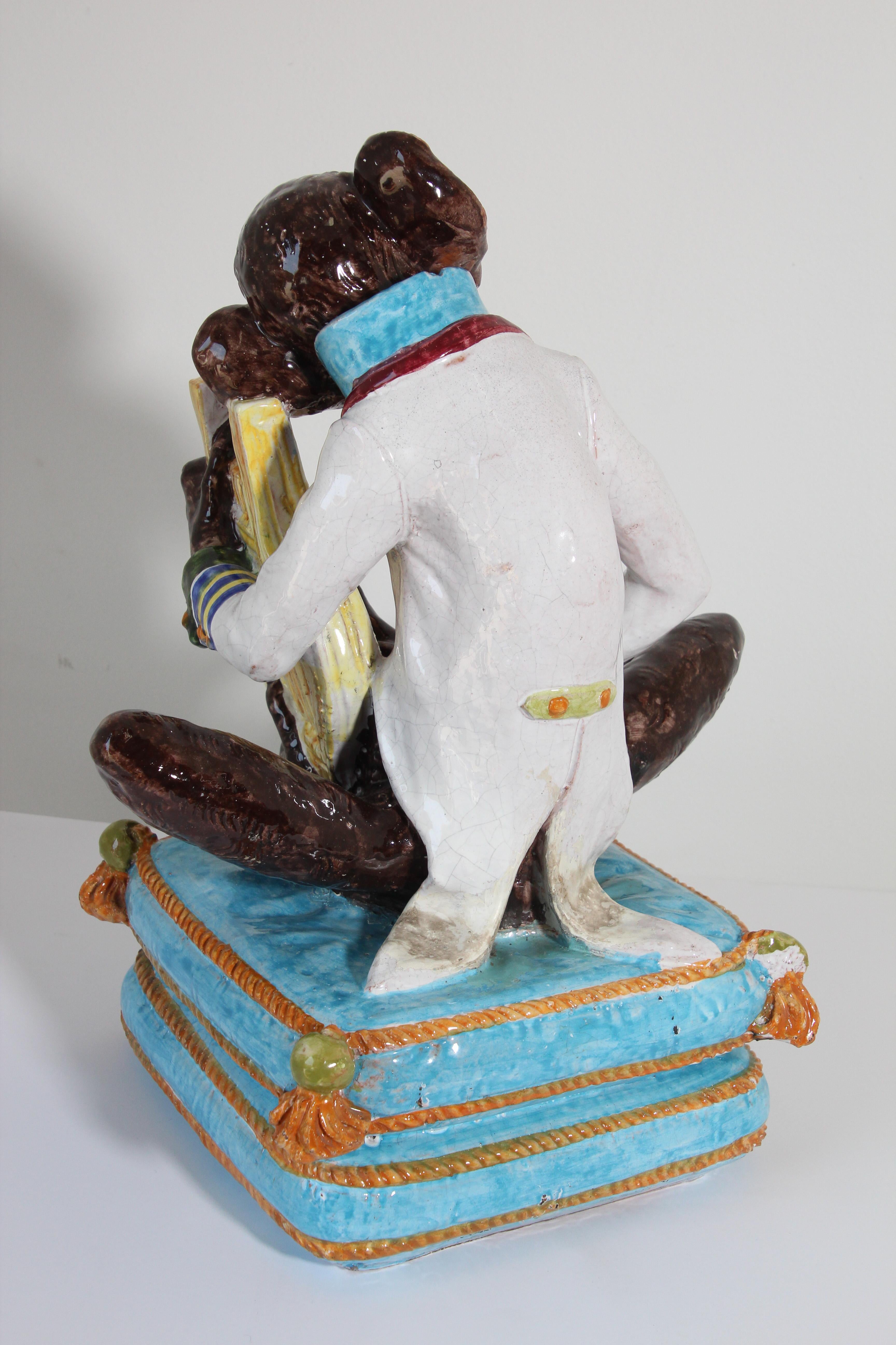 Majolica Terra Cotta Large Figure of a Monkey Playing the Harp For Sale 6