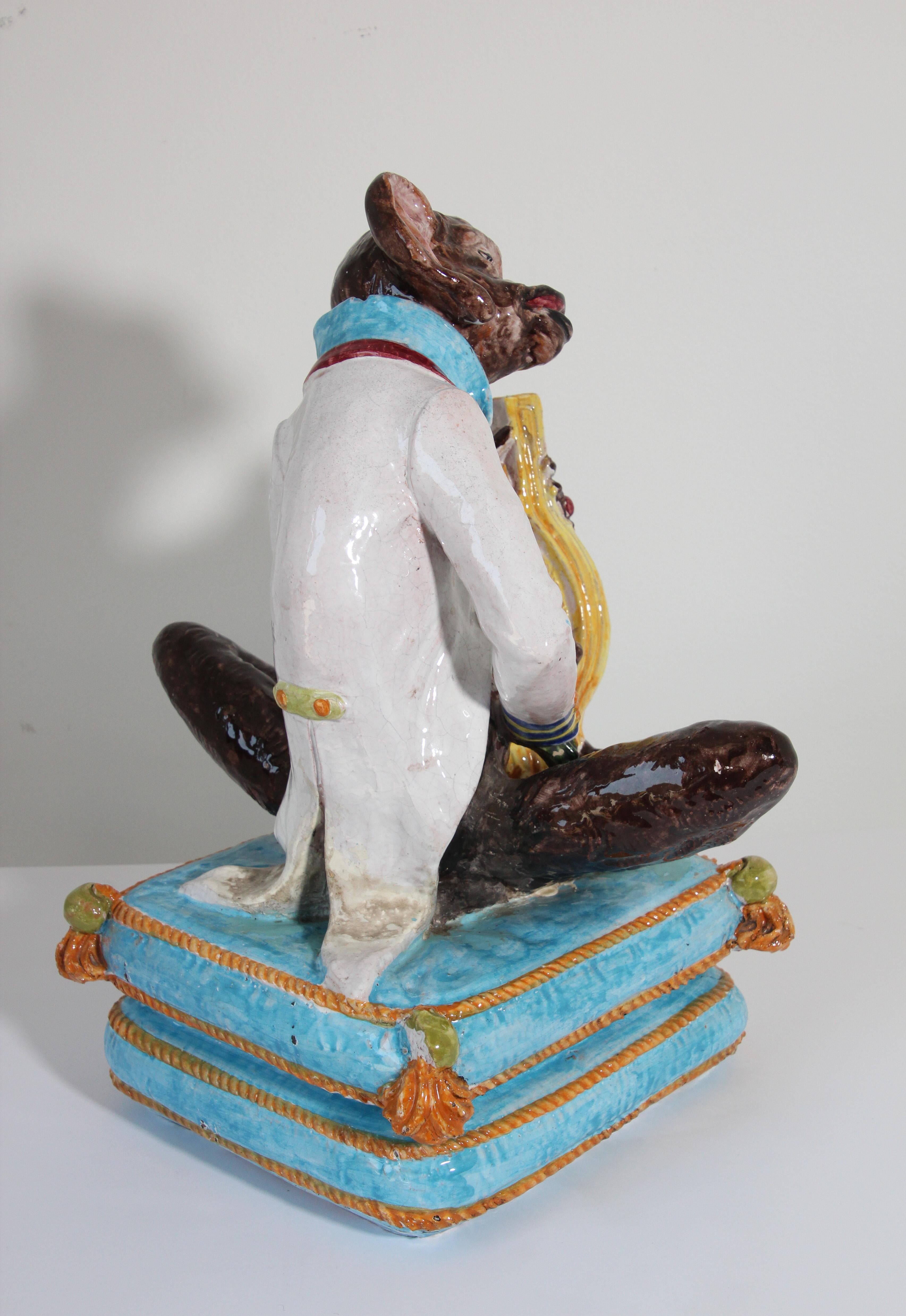 Majolica Terra Cotta Large Figure of a Monkey Playing the Harp For Sale 8