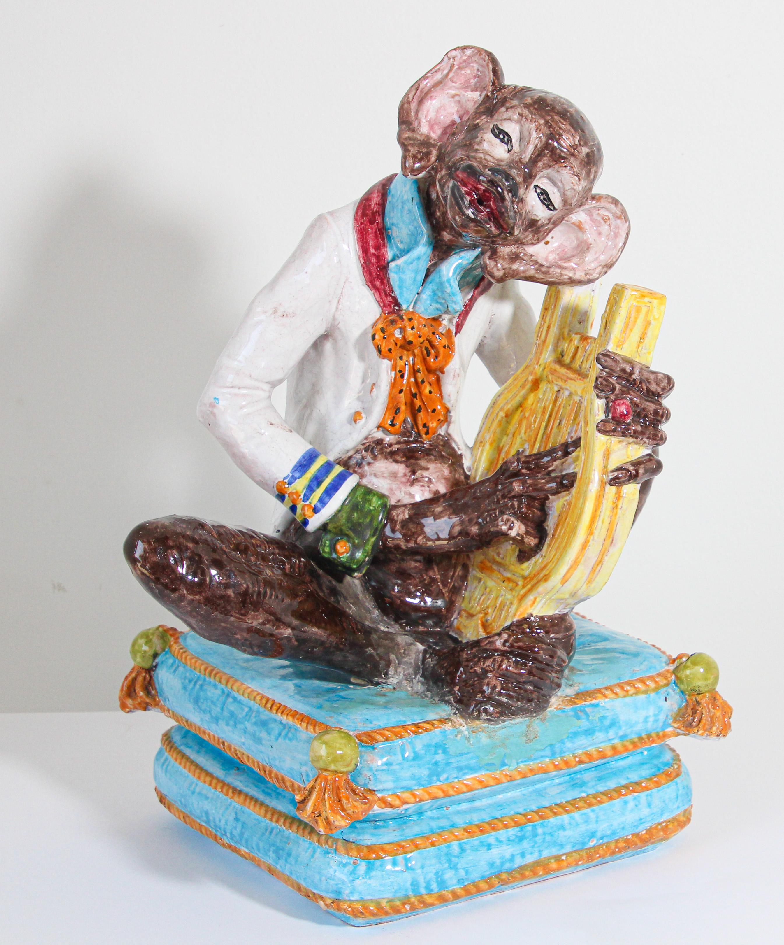 Majolica Terra Cotta Large Figure of a Monkey Playing the Harp For Sale 10