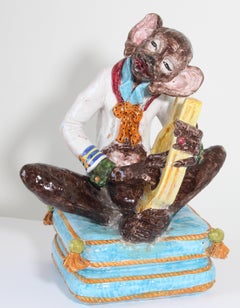Majolica Terra Cotta Large Figure of a Monkey Playing the Harp