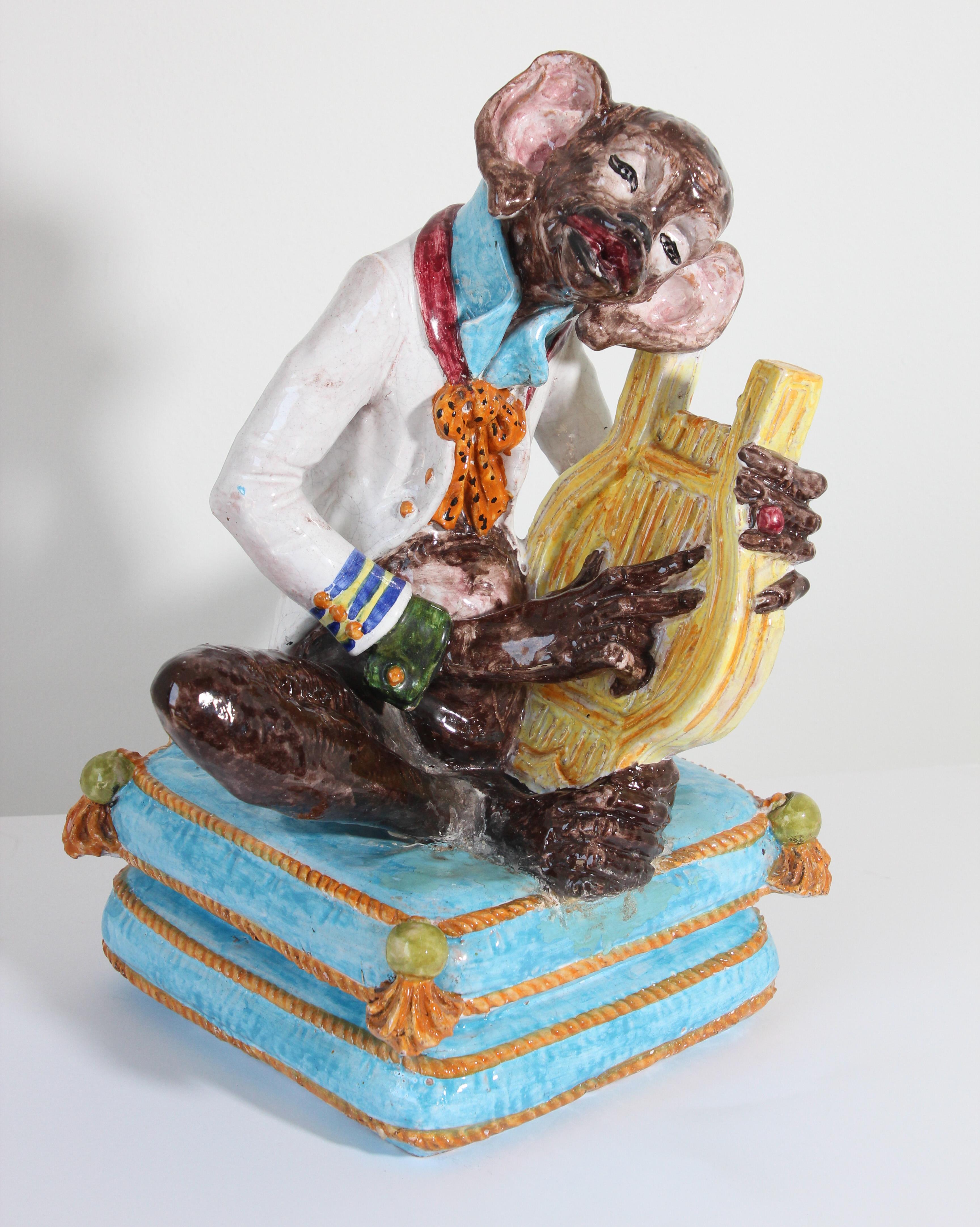 Bohemian Majolica Terra Cotta Large Figure of a Monkey Playing the Harp For Sale