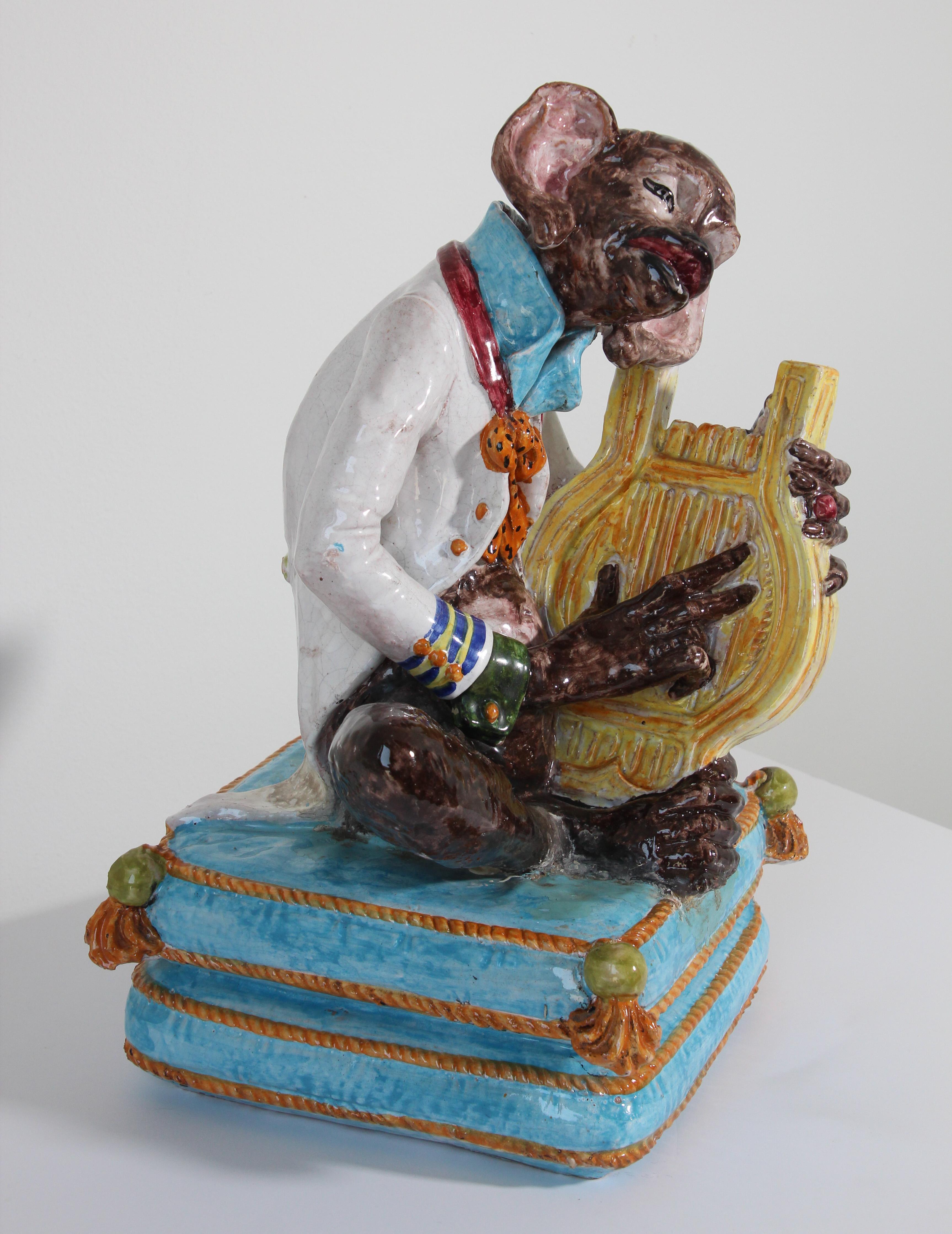 French Majolica Terra Cotta Large Figure of a Monkey Playing the Harp For Sale
