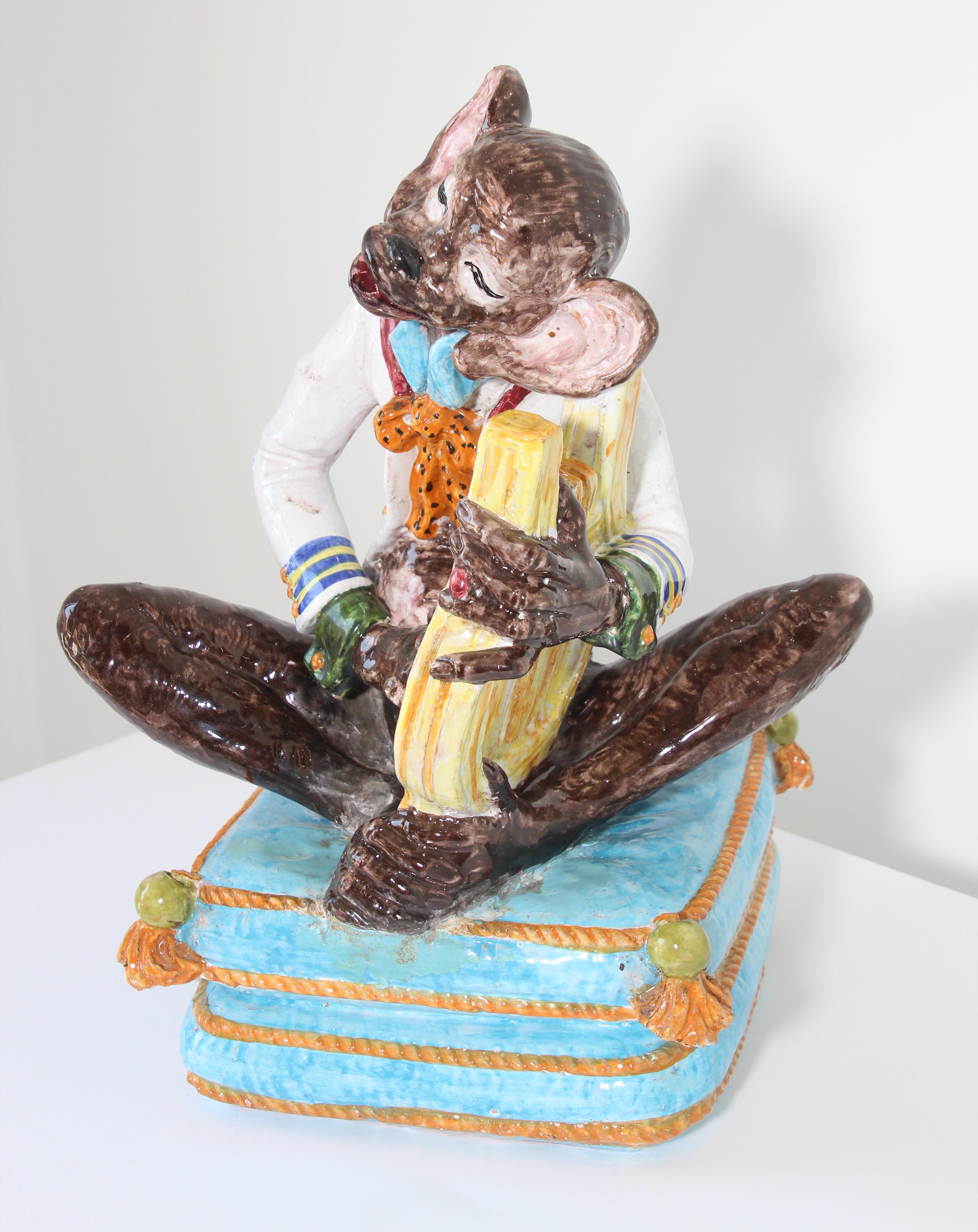 20th Century Majolica Terra Cotta Large Figure of a Monkey Playing the Harp For Sale