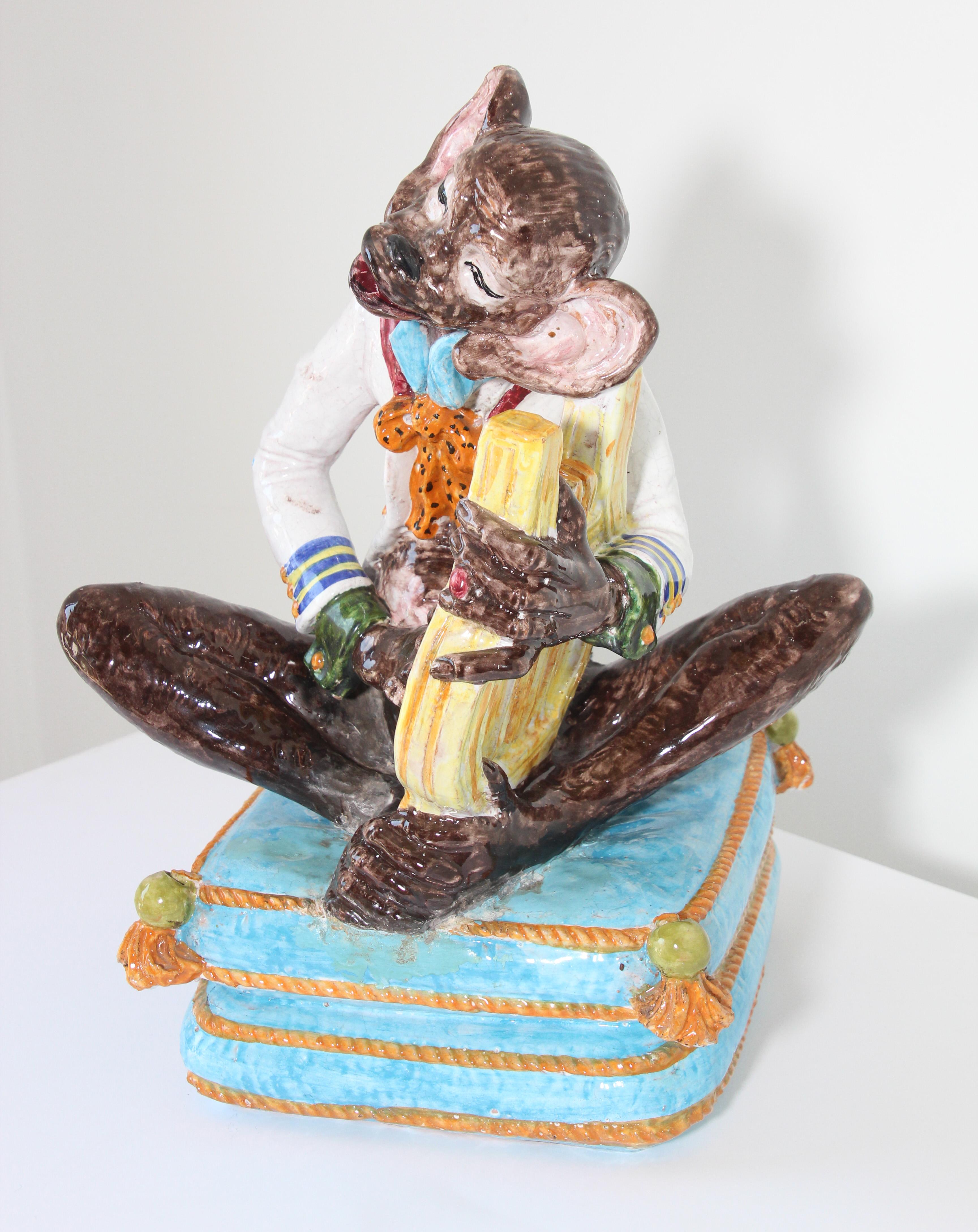 20th Century Majolica Terra Cotta Large Figure of a Monkey Playing the Harp