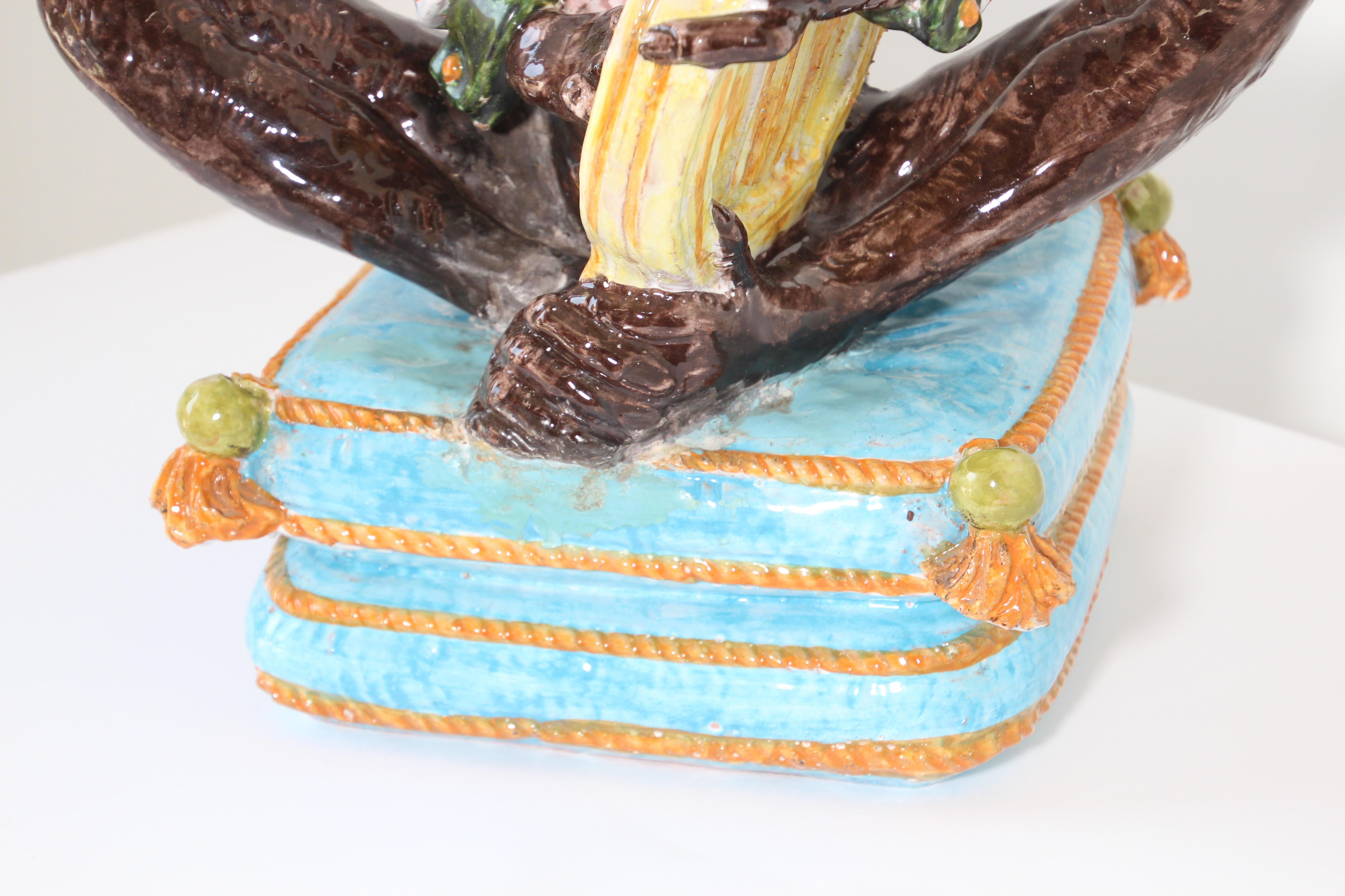 Majolica Terra Cotta Large Figure of a Monkey Playing the Harp 1