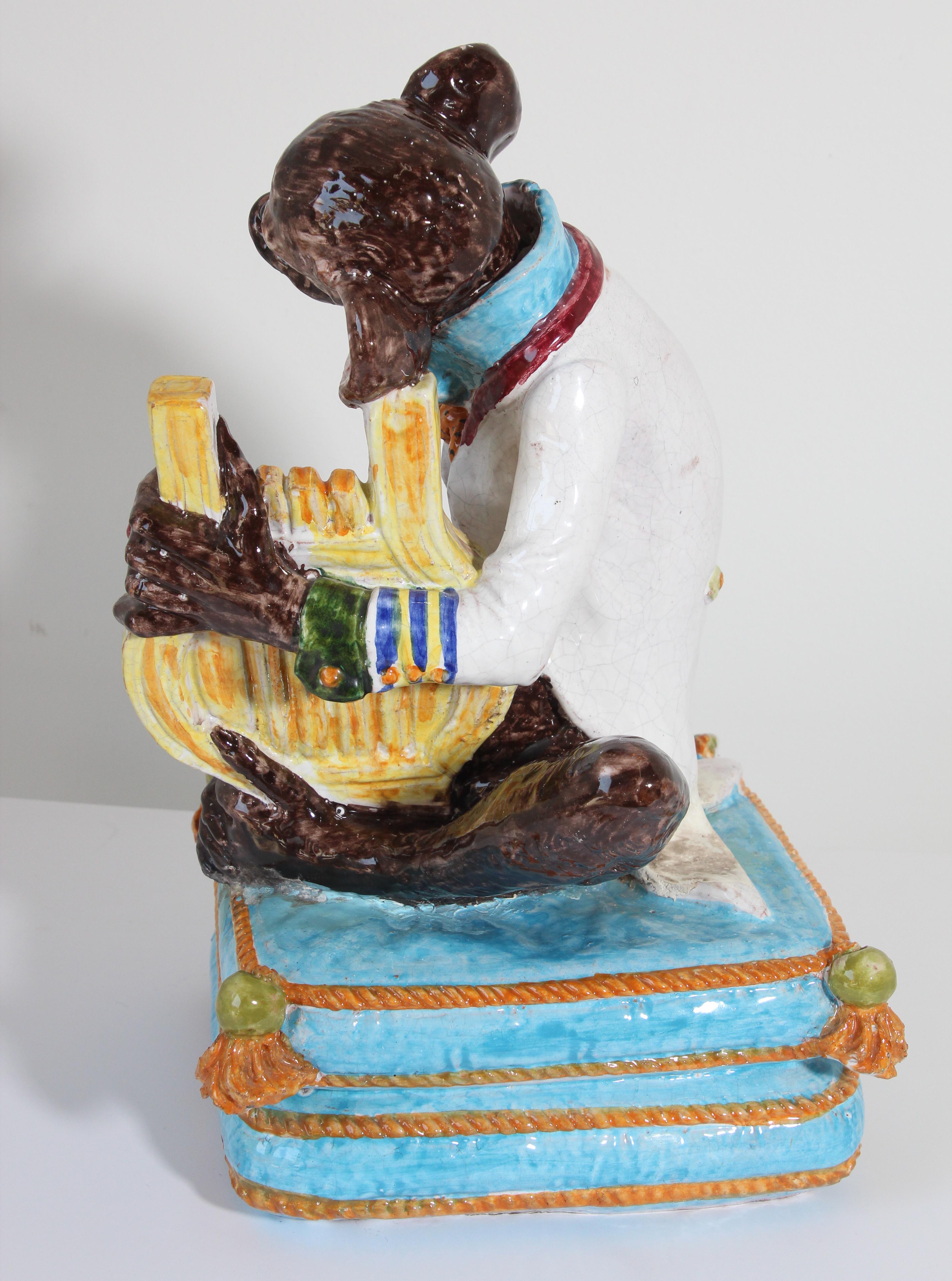 Majolica Terra Cotta Large Figure of a Monkey Playing the Harp For Sale 2