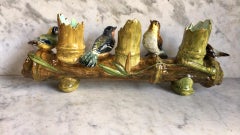 Majolica Triple Bamboo Vase with Birds Massier, circa 1880