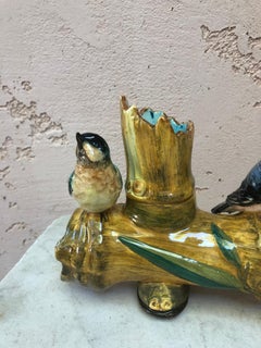 Majolica Triple Bamboo Vase with Birds Massier, circa 1880