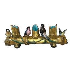 Majolica Triple Bamboo Vase with Birds Massier, circa 1880