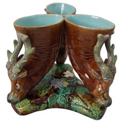 Majolica Triple Throated Vase with Stag Heads