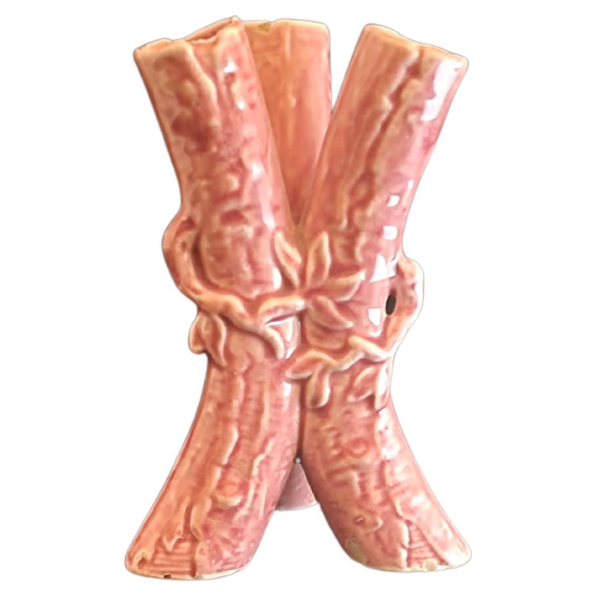 Majolica Tripod Bud Vase with Branch and Bamboo Leaf Wrap Pink German For Sale