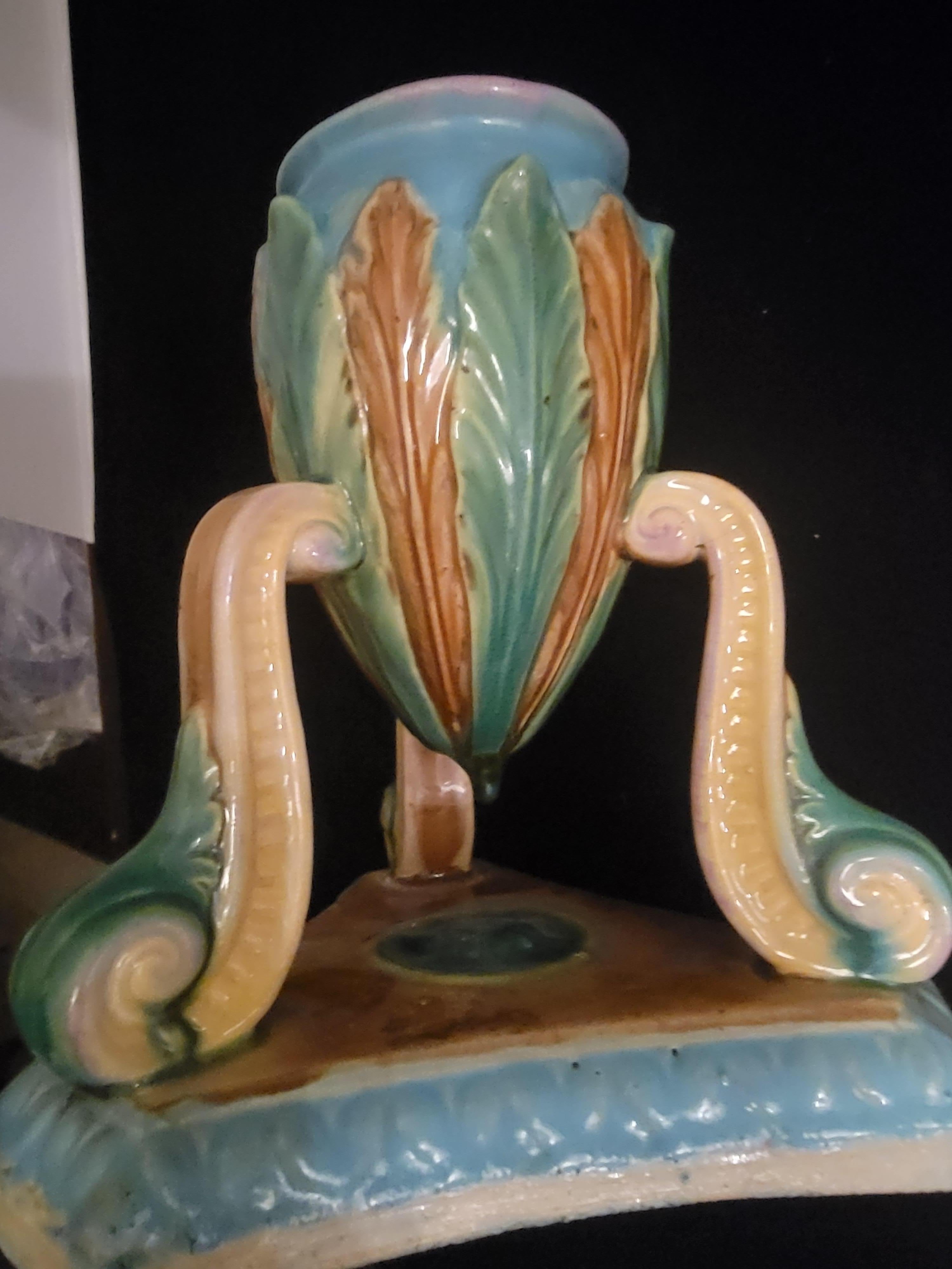 Victorian Majolica Tripod Pedestal Vase For Sale